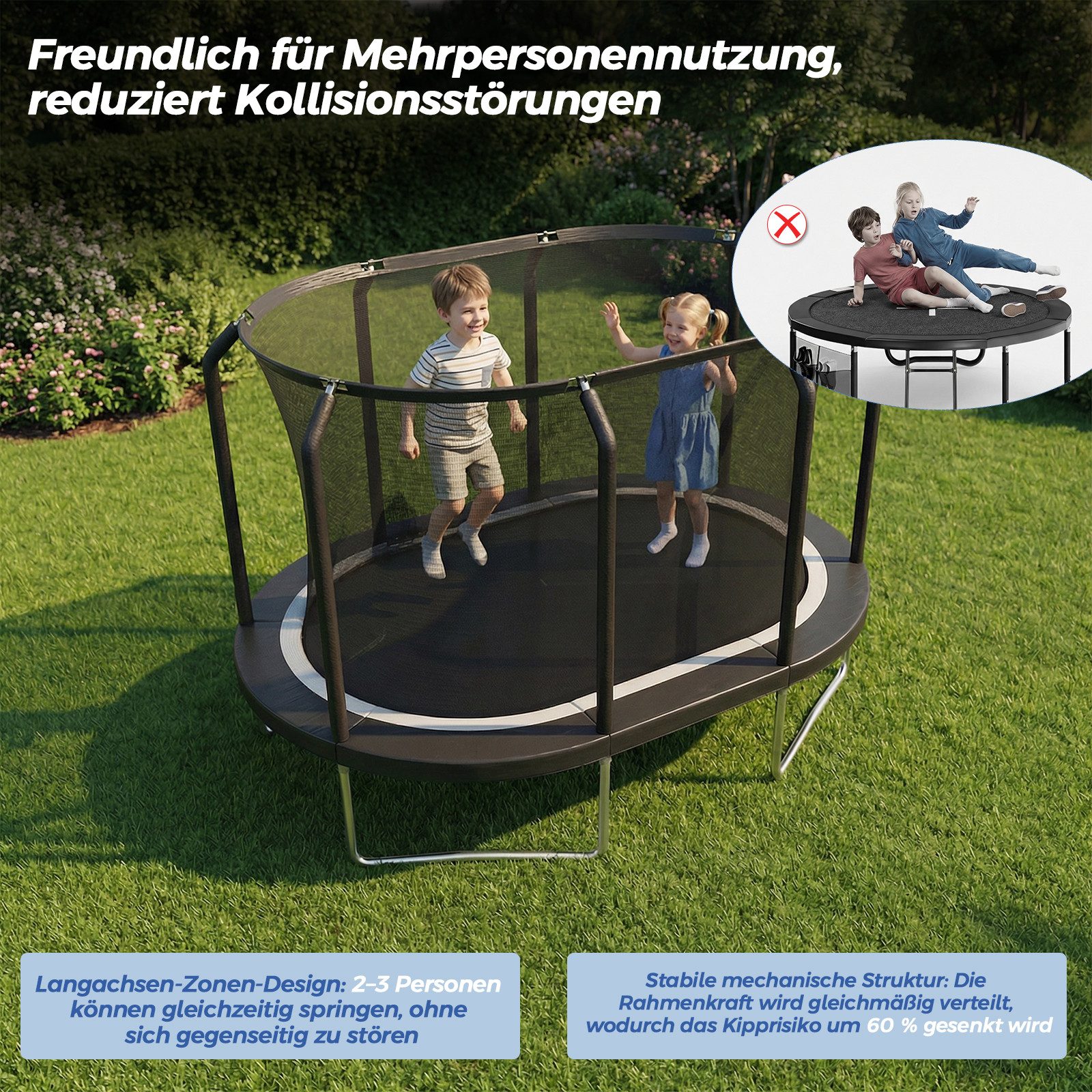 HOMALL Gartentrampolin Gartentrampolin 305 cm x 214 cm / 366 cm x 244 cm, ovales Trampolin, Ø 366 cm, (Outdoor-Trampolin mit Sicherheitsnetz, Leiter und Federn, für Kinder geeignet, Tragkraft 150 kg)