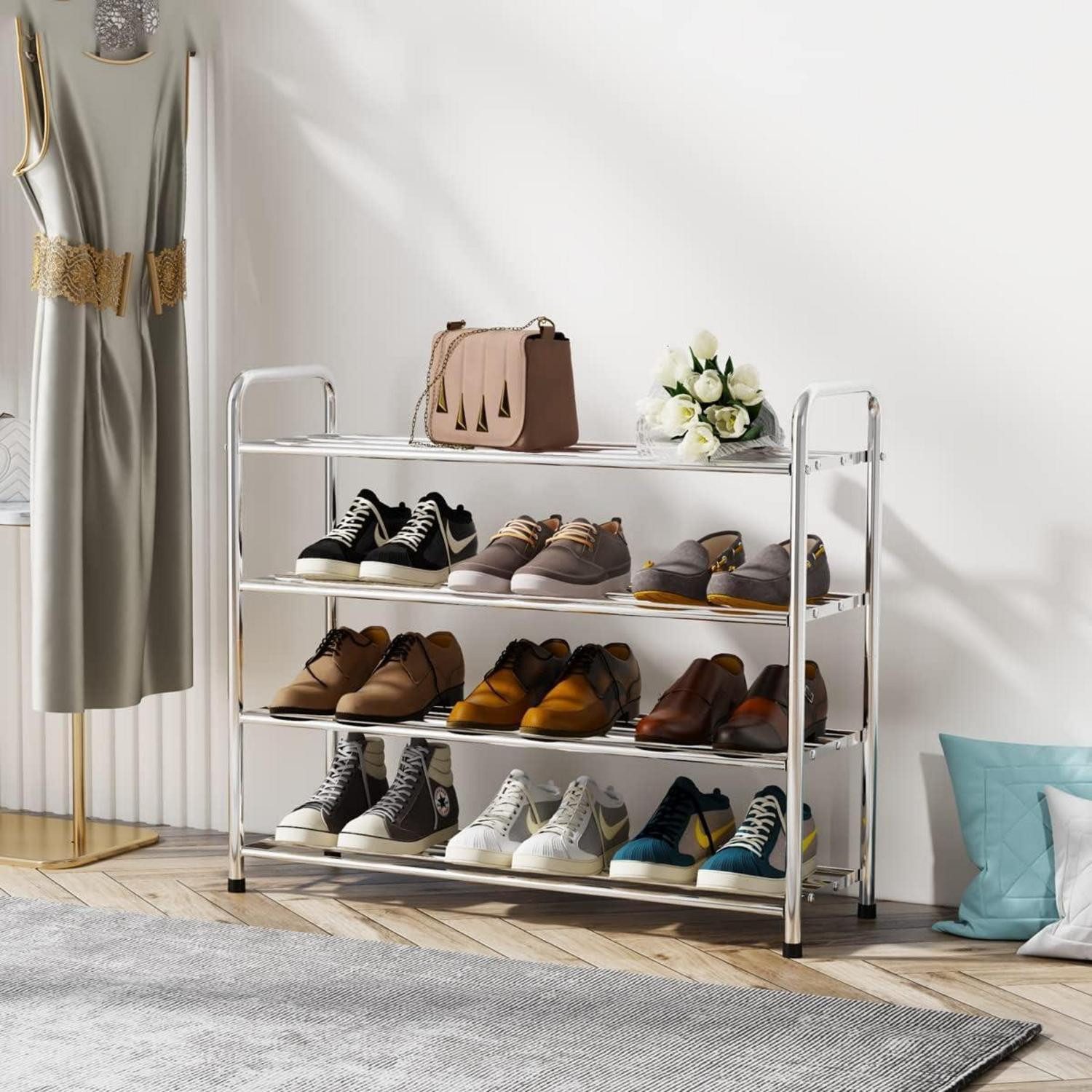 FANHAO Schuhregal Schuhregal Edelstahl 4 Ebenen 12-16 Paar Silber 68x26x65cm