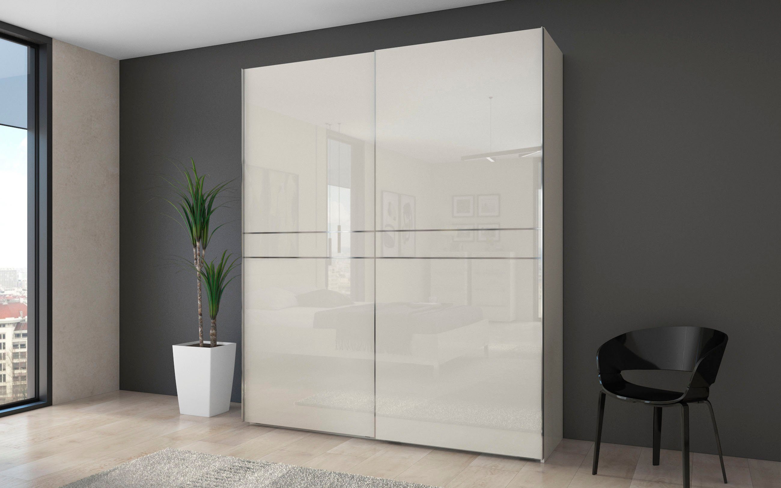 OTTO home Schwebetürenschrank Piano, FSC-zertifiziert, mit Einlegeböden und Kleiderstangen (in 3 Breiten, 224cm hoch, mit verchromten Aufleistungen) UV lackiert, hochglänzend, mit Soft-Close Funktion, in beige oder weiß