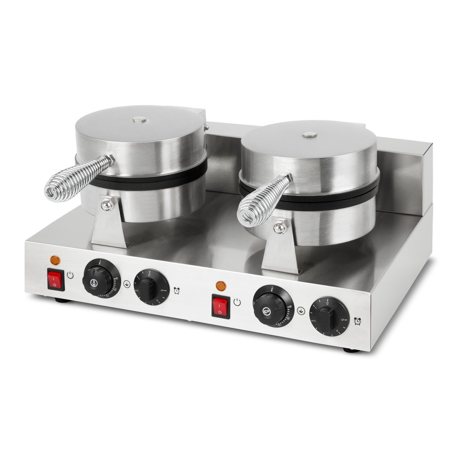 vertes Waffeleisen doppelt Hörncheneisen für Eiswaffeln 48 Stück pro Std regelbar 0-300°C, 2000 W, Timer teflonbeschichtet Gusseisen Hörnchenautomat Edelstahlgehäuse