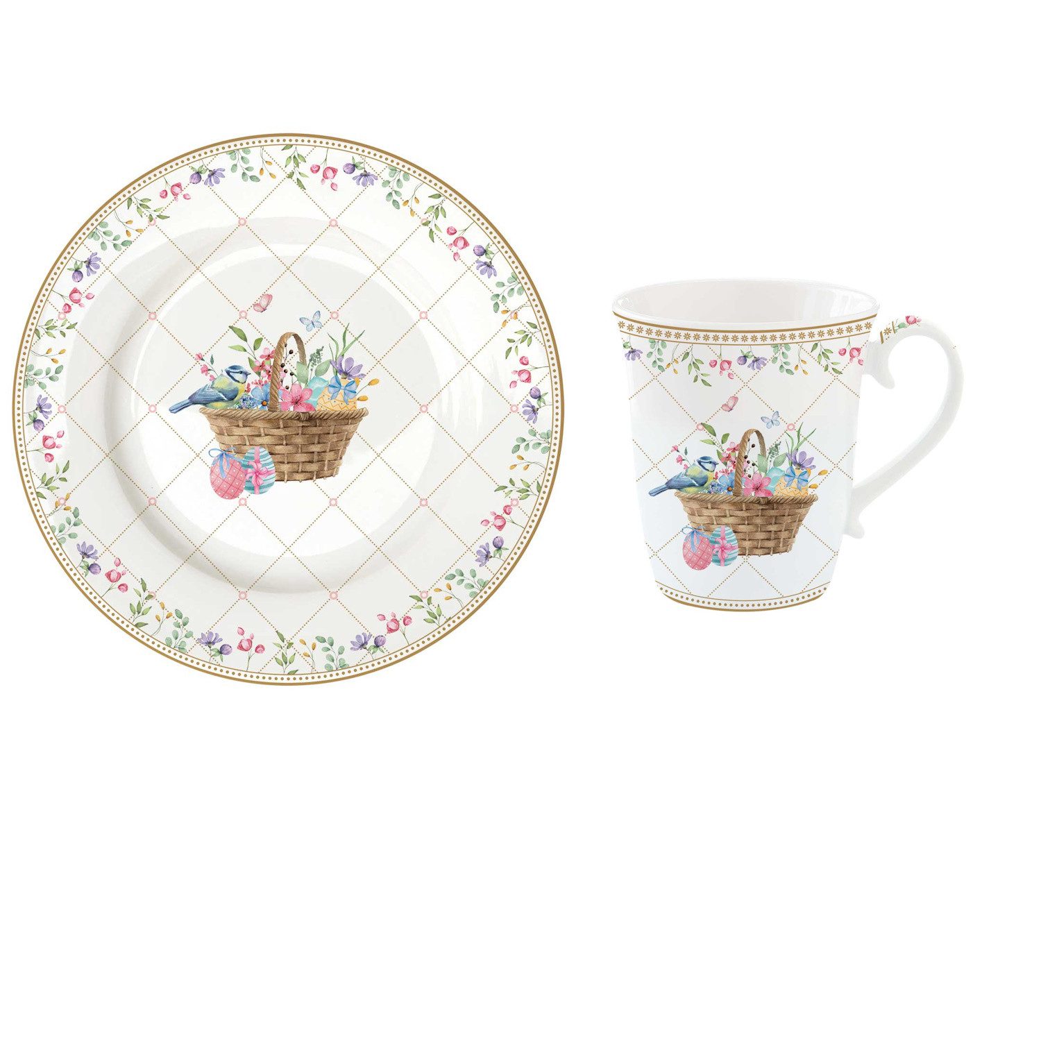 EasyLife Kaffeeservice Spring Bloom, Porzellan, Spülmaschinengeeignet, Mehrfarbig, Hasen & Blumenkörbe, H: cm