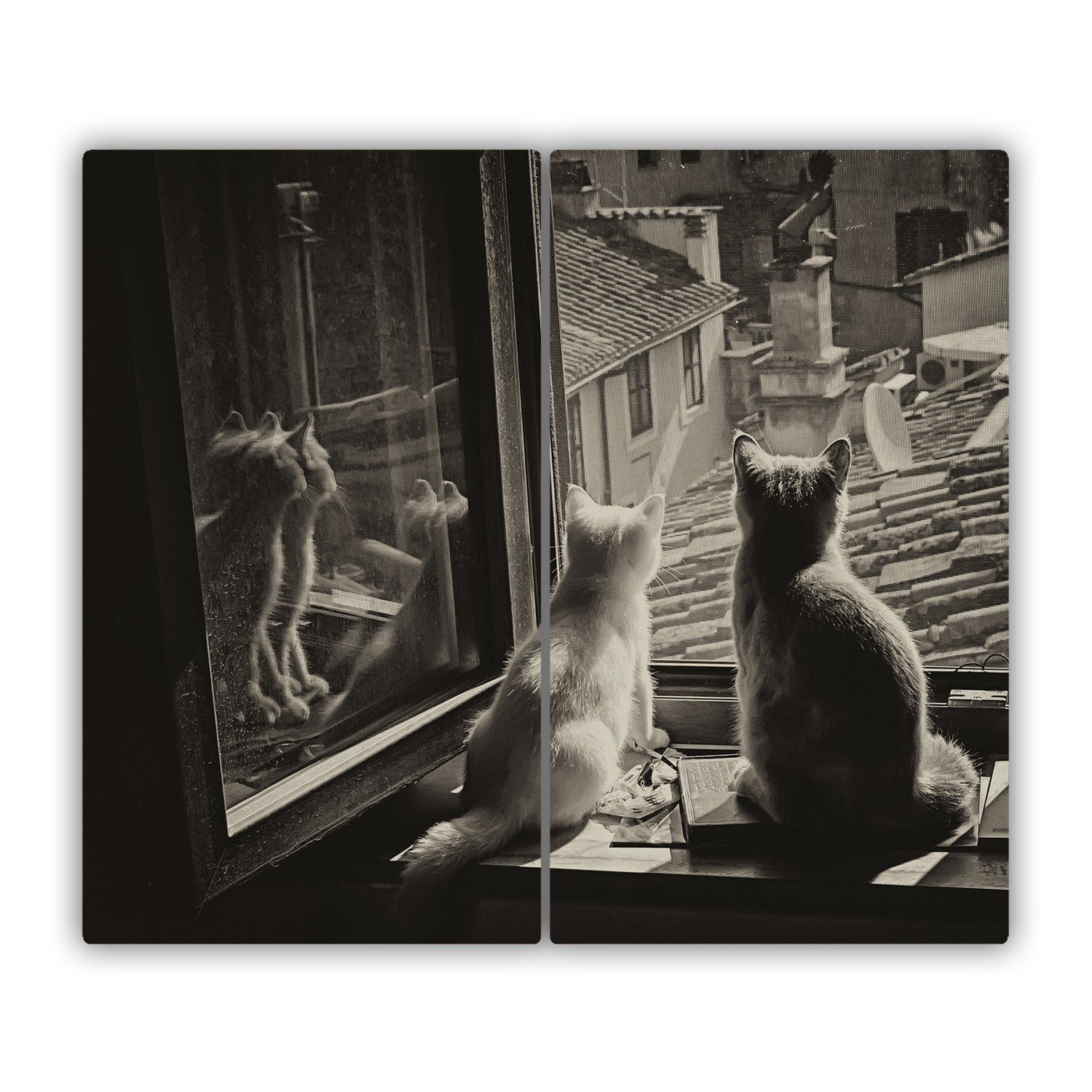 Tulup Schneidebrett Herdabdeckplatte Kochplattenabdeckung Gehärtetes Glas Spritzschutz, (2-St), Schwarzweiß - Katzen am Fenster