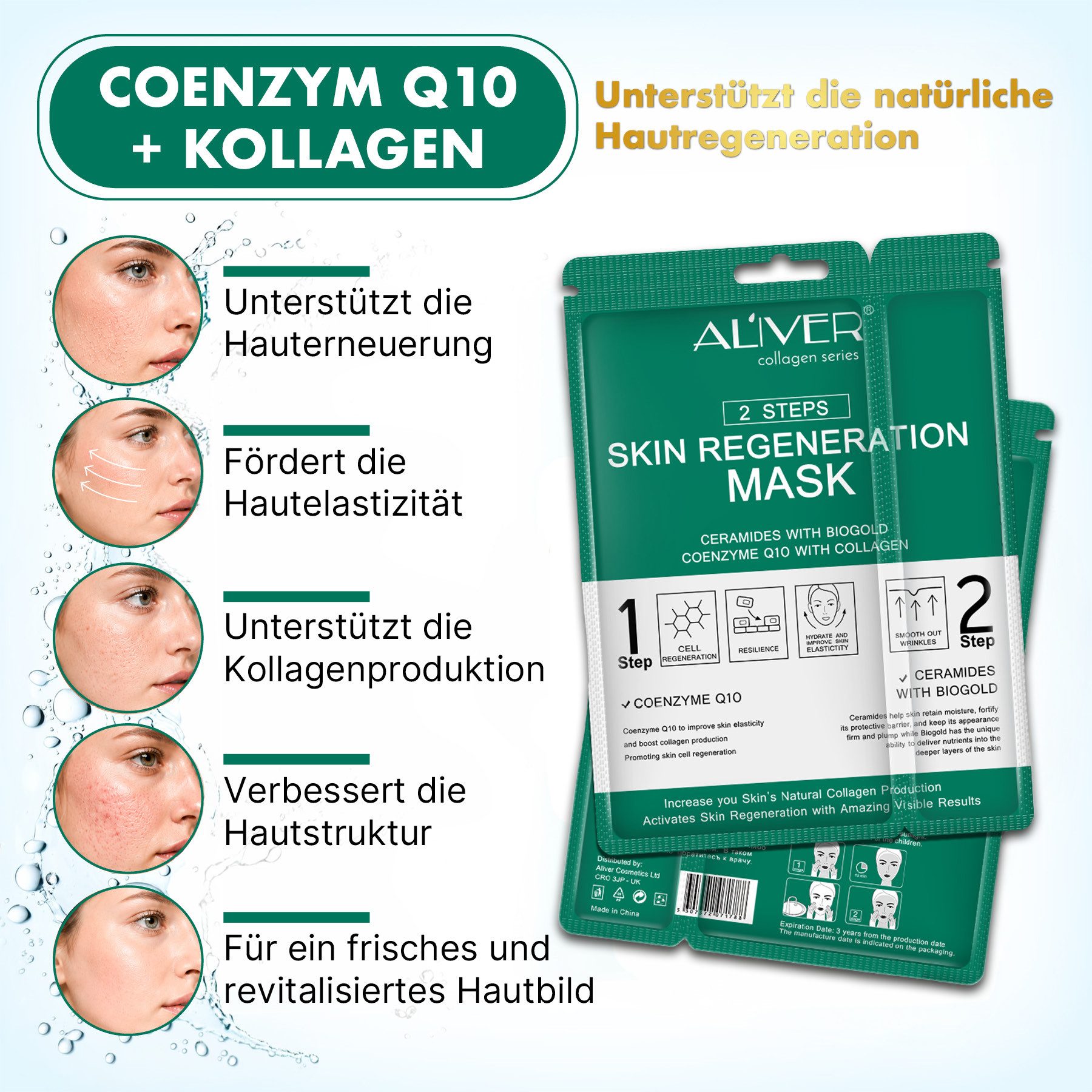 ALIVER Gesichtsmaske Tuchmaske 2-Step-System Anti-Aging Pflege mit Kollagen Coenzym Q10, 5-tlg., Hautstraffung, Nährend, Regenerieren, Revitalisieren, Verunreinigungen