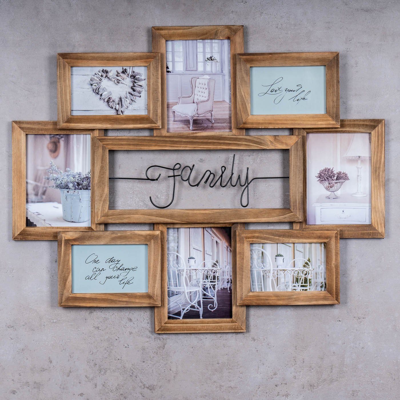 Levandeo® Bilderrahmen Collage, Bilderrahmen 68x56cm 8 Fotos Family Echtholz Braun Fotorahmen Shabby