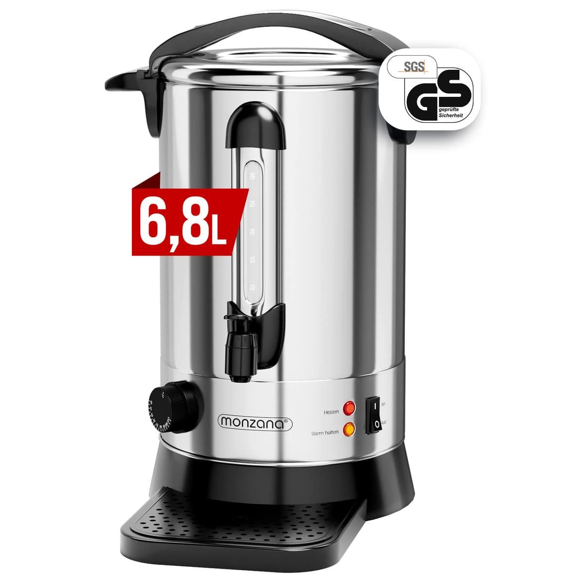monzana Einkoch- und Glühweinautomat, 950 W, 6,8L mit Zapfhahn Thermometer 30-110° Auffangschale Heißwasserspender