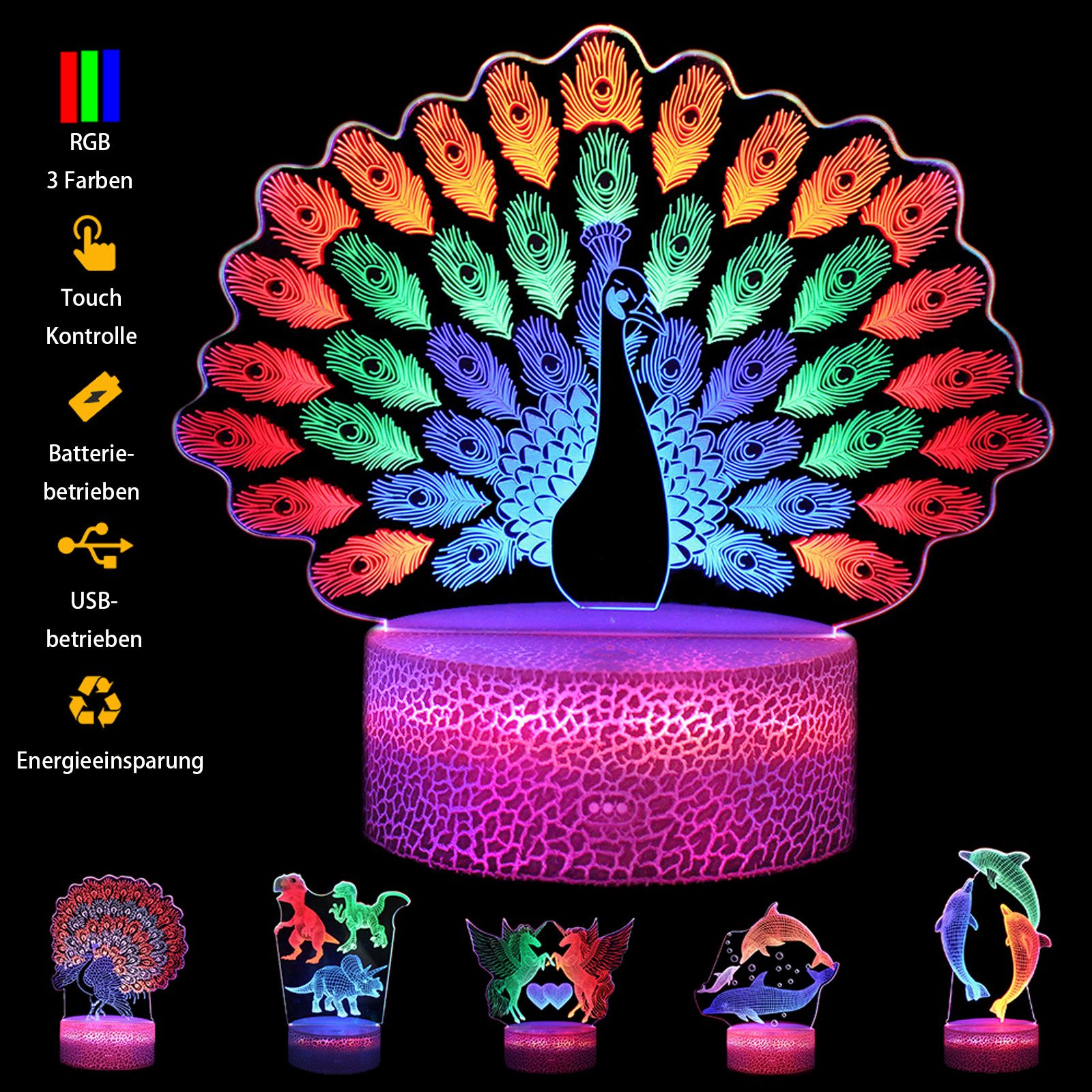 Jibenhome LED Dekolicht Nachtlicht 3D Illusion Nachtlampe Touch Control USB-/batteriebetrieben, Bunter Pfau A, LED fest integriert, für Kinderfreunde