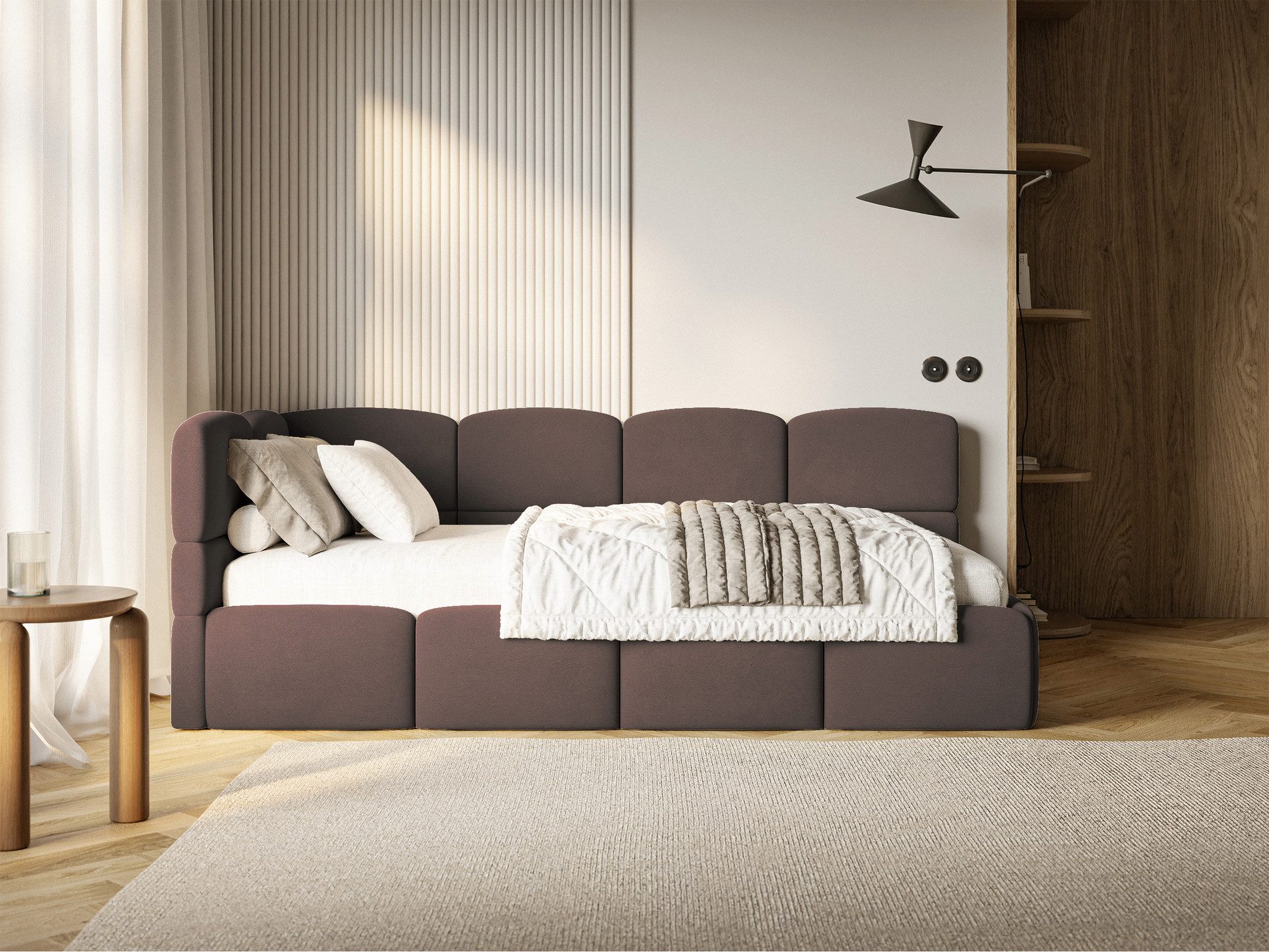 Selsey Jugendbett CLOUDY, mit Eck-Kopfteil, Lattenrost, Bettkasten und Easy-Clean-Samt, 90 cm