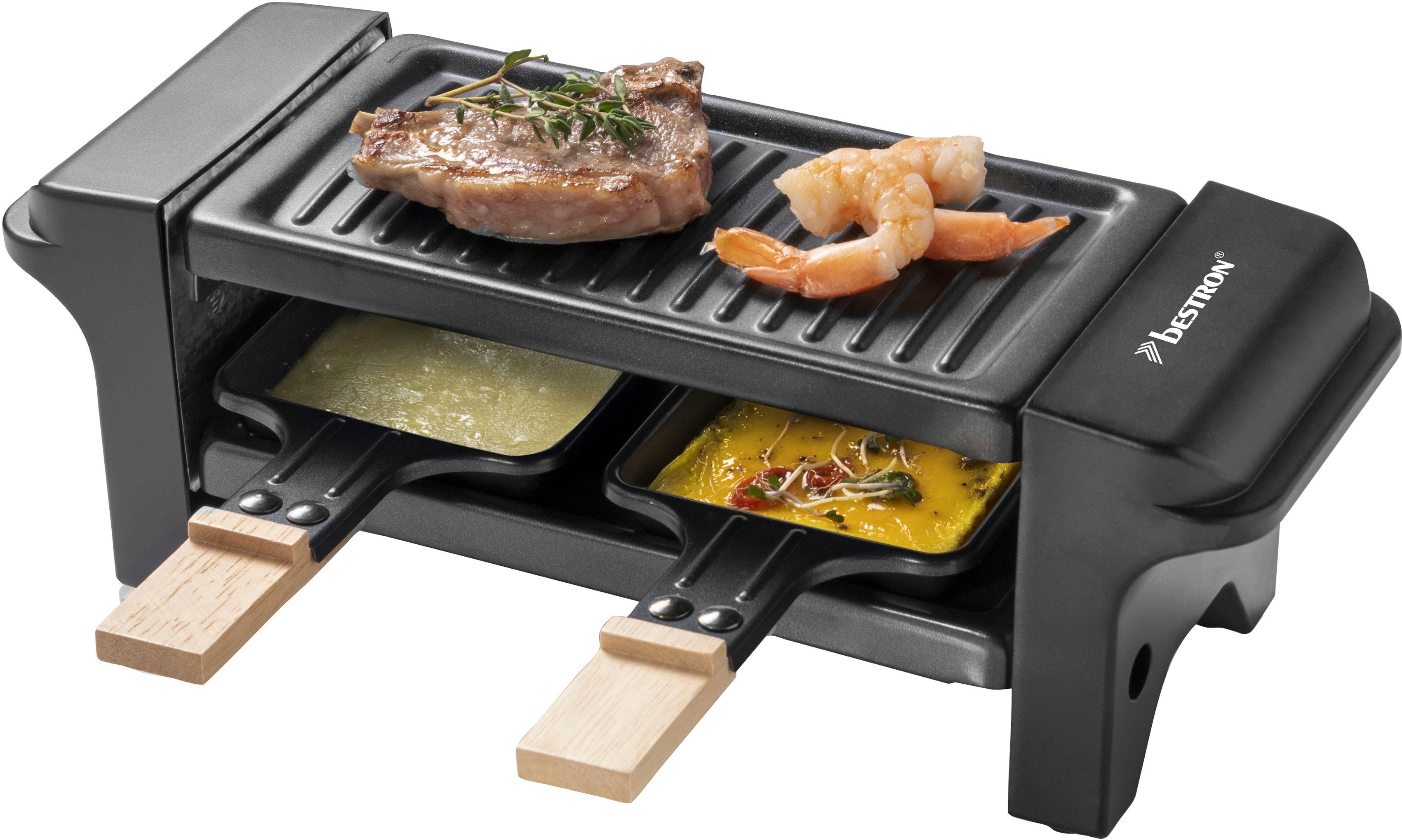 bestron Raclette Mini Tischgrill, 2 Raclettepfännchen, 350 W, für 1 bis 2 Personen, mit zwei Holzschabern & zwei Untersetzern