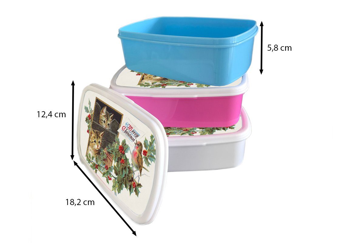 Kinder Vogel, und - für (2-tlg), Katzen Lunchbox Weihnachten Mädchen und für weiß - Brotbox Erwachsene, Jungs Brotdose, Kunststoff, MuchoWow