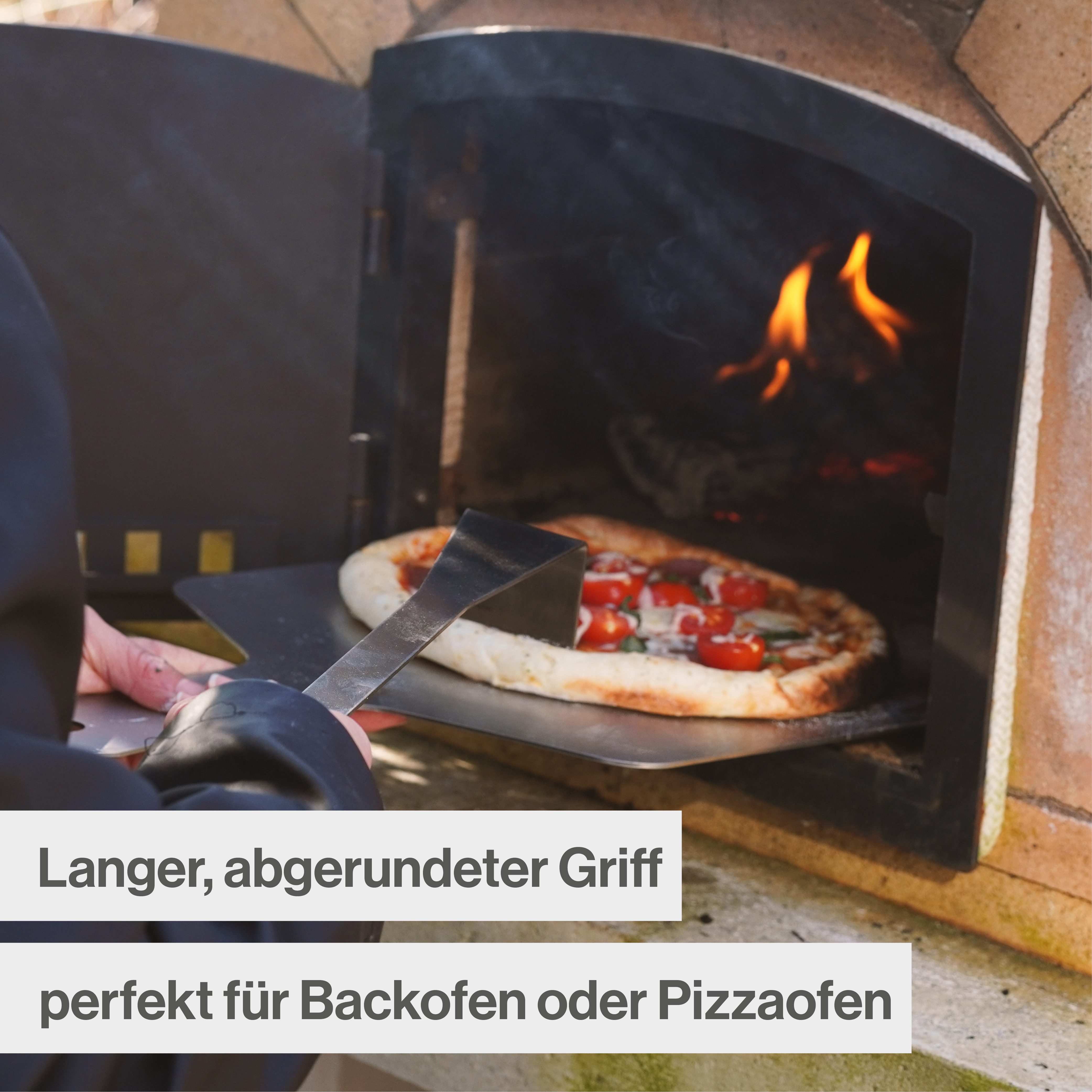 Feuerfest 123 GmbH Pizzaschieber Pizzafreund aus Edelstahl - Haken zum drehen & wenden im heißen Ofen, ohne Finger verbrennen - 100 % Made in Germany