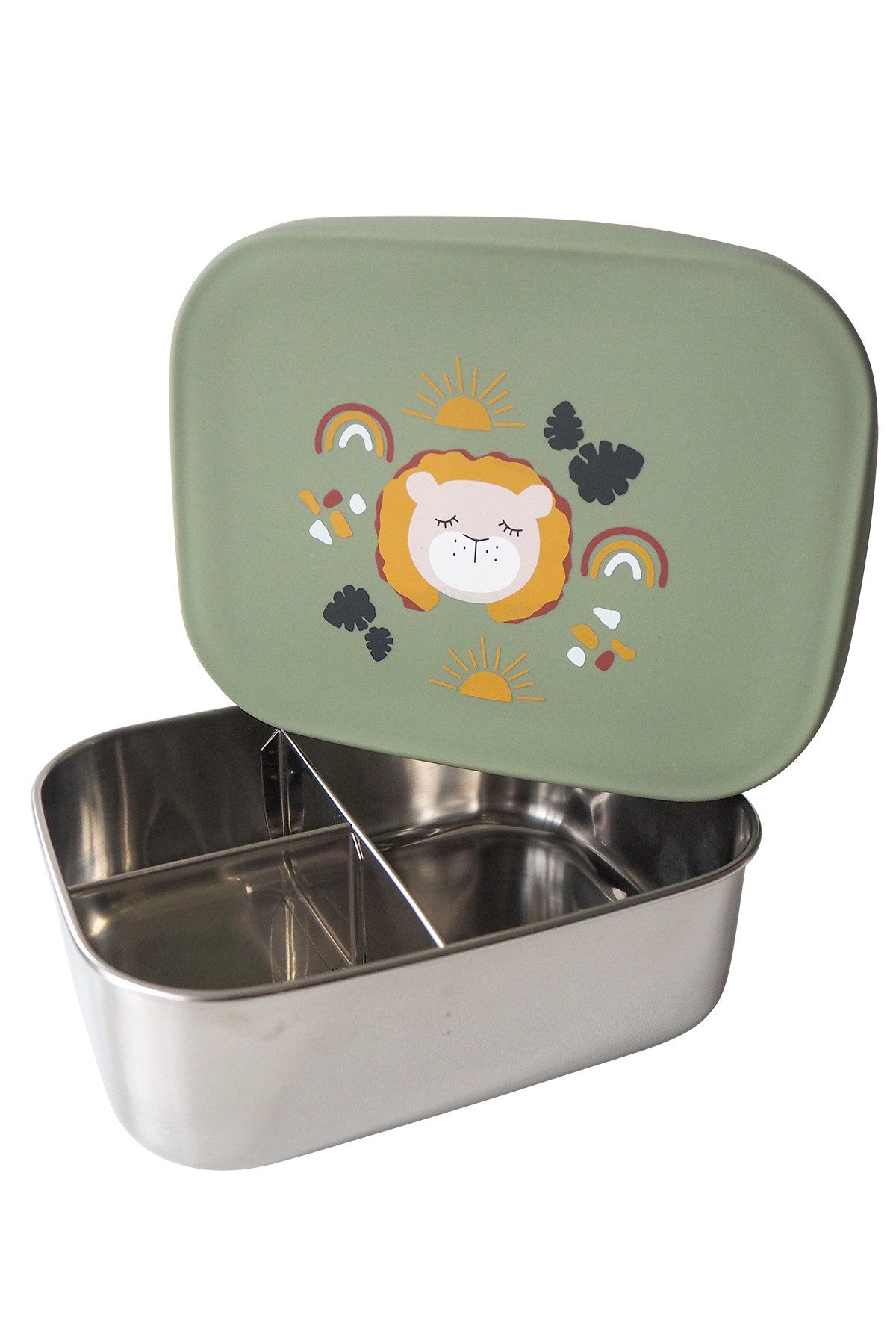 kikadu Lunchbox, Box: Stainless Steel, Lid: 100% Silicone, (1-tlg), Löwe Olive aus Edelstahl mit BPA-freiem Silikondeckel