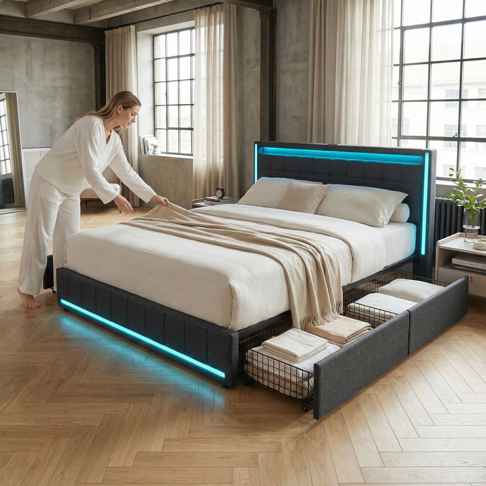 Furnishings Home Polsterbett LED Doppelbett 140x200 cm, Stauraumbett mit Kopfteil und 4 Schubladen (Leinenmaterial Polsterbett mit RGB Beleuchtung), mit Lattenrost und Ladefunktion, mit Komforthöhe, Leises Design Bett