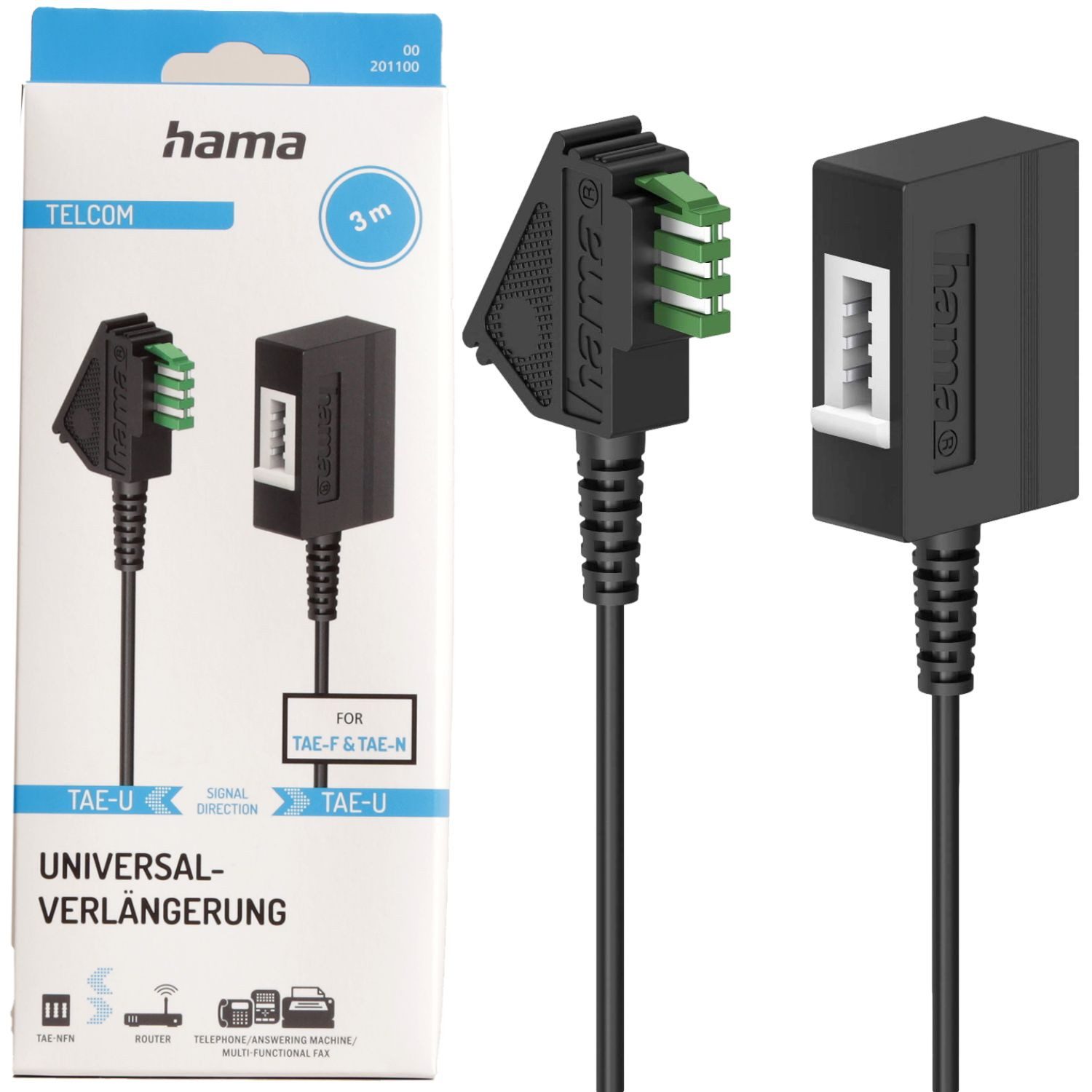 Hama TAE-U Verlängerungskabel 3m Schwarz Festnetztelefon (TAE-F TAE-N Verlängerung Kupplung Stecker Telefon-Kabel Fax AB Modem)