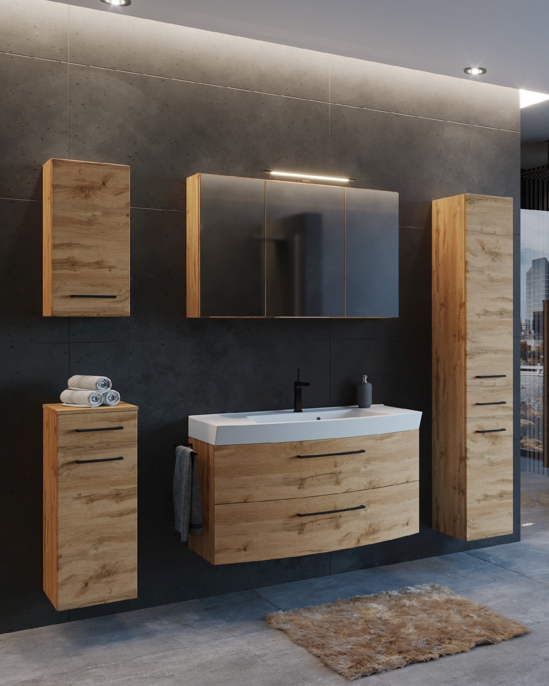 HELD MÖBEL Waschtisch-Set aus MDF in wotaneiche mit 2 Schubladen und 7 Türen, (B/H/T: 160x200x50 cm)