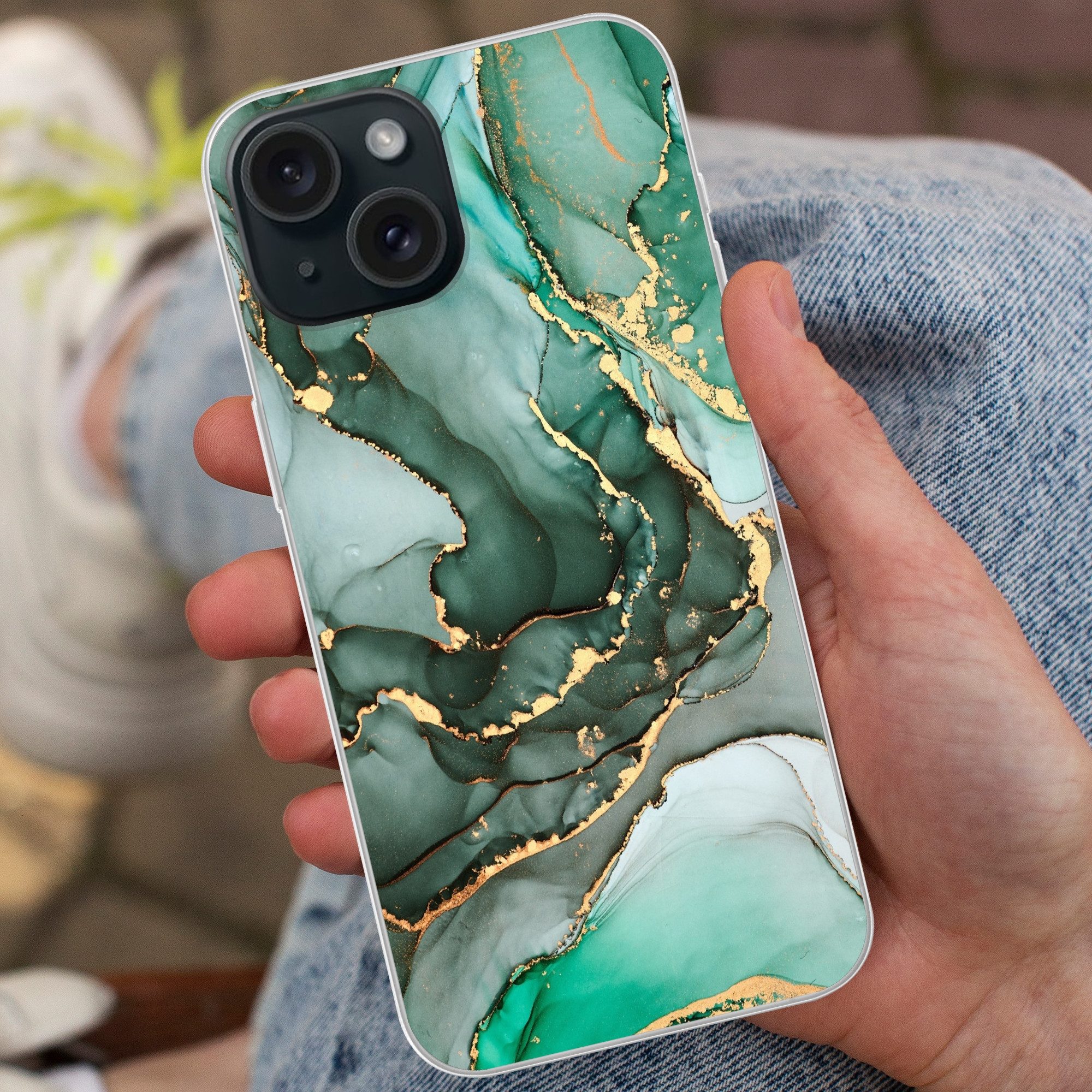 MuchoWow Handyhülle für Apple iPhone 15 Gold - Marmor - Grün - Luxus - Marmoroptik - Grau, Smartphone-Bumper, Print, Handy Schutzhülle Dünn