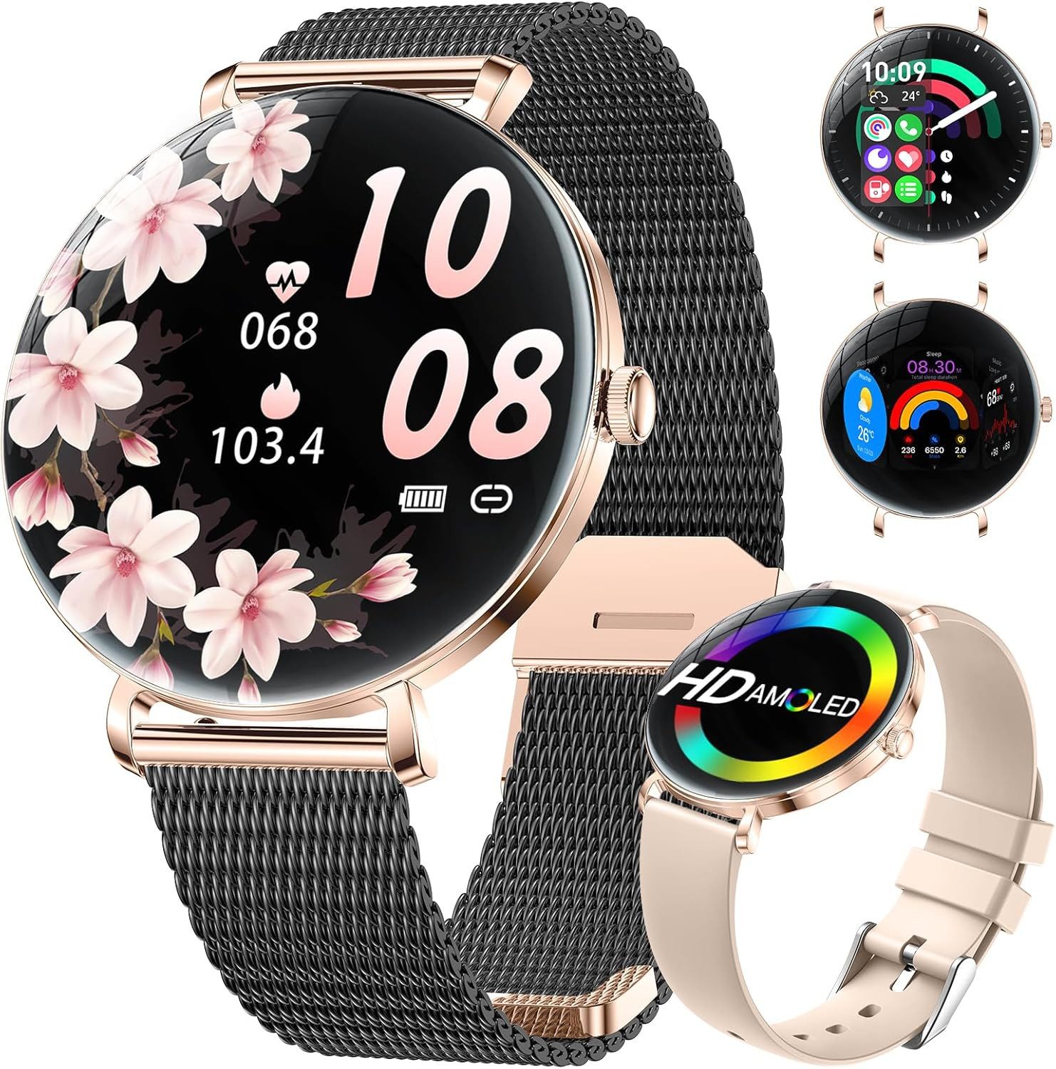 Lige SP-FV17-E Smartwatch (Android iOS), Smartwatch für Damen mit AMOLED Display und Fitnessfunktionen