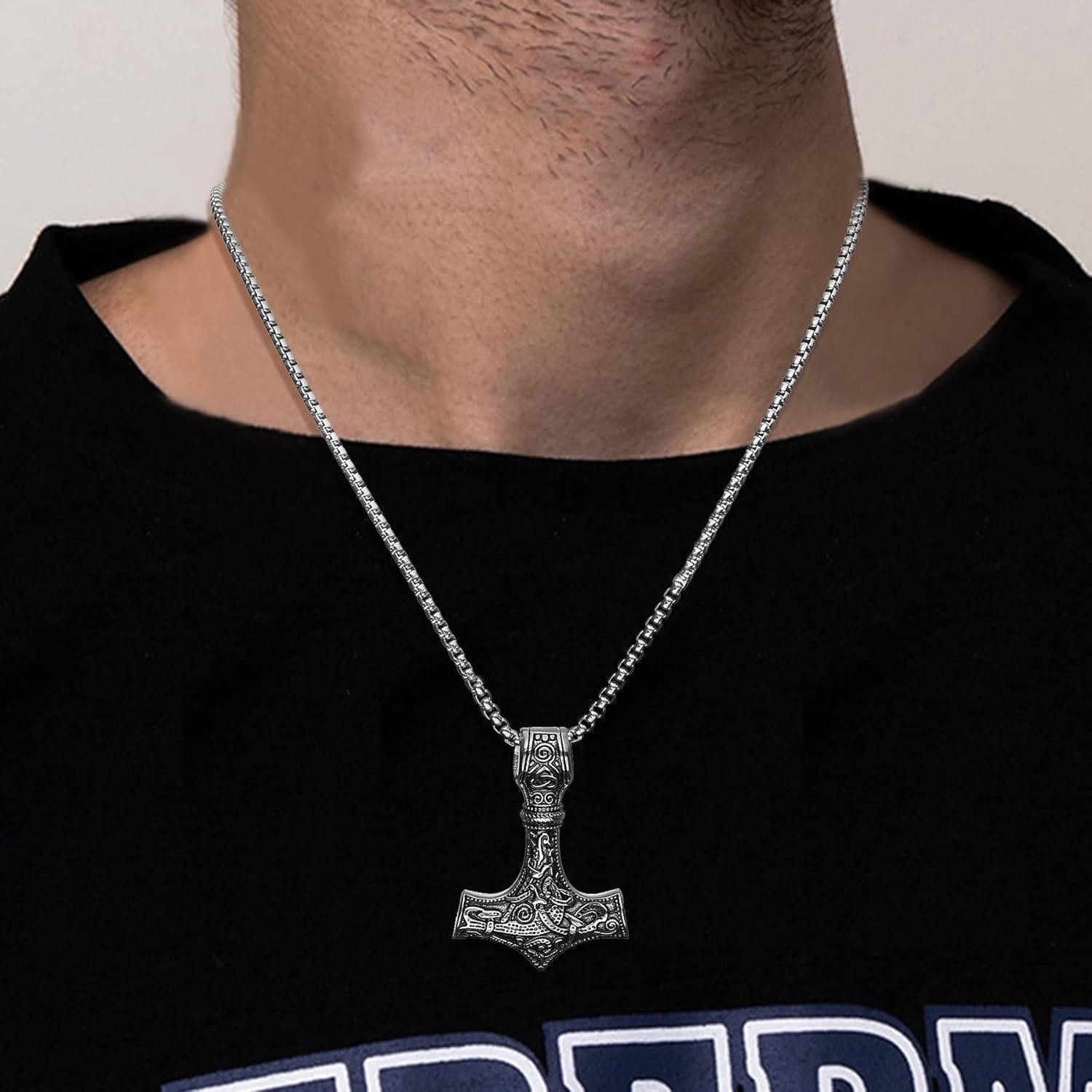 LuxusKollektion Kette mit Anhänger Wikinger Thor Hammer Halskette Edelstahl Runen Geschenke Männer – Bild 4 von 5