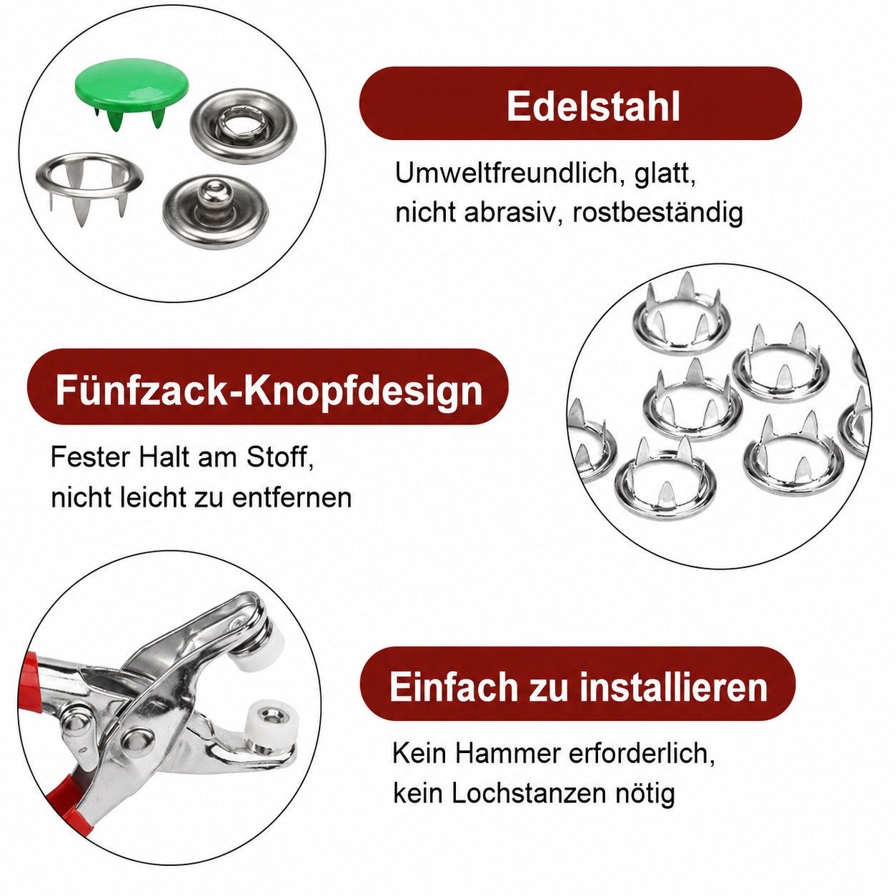 MOPUEA Druckknopf 200 Sets Edelstahl Druckknöpfe Mit Zange Druckknopf Set Ohne Nähen, Für DIY Kleidung Reparatur Druckknöpfe 9,5 mm 10 Farben