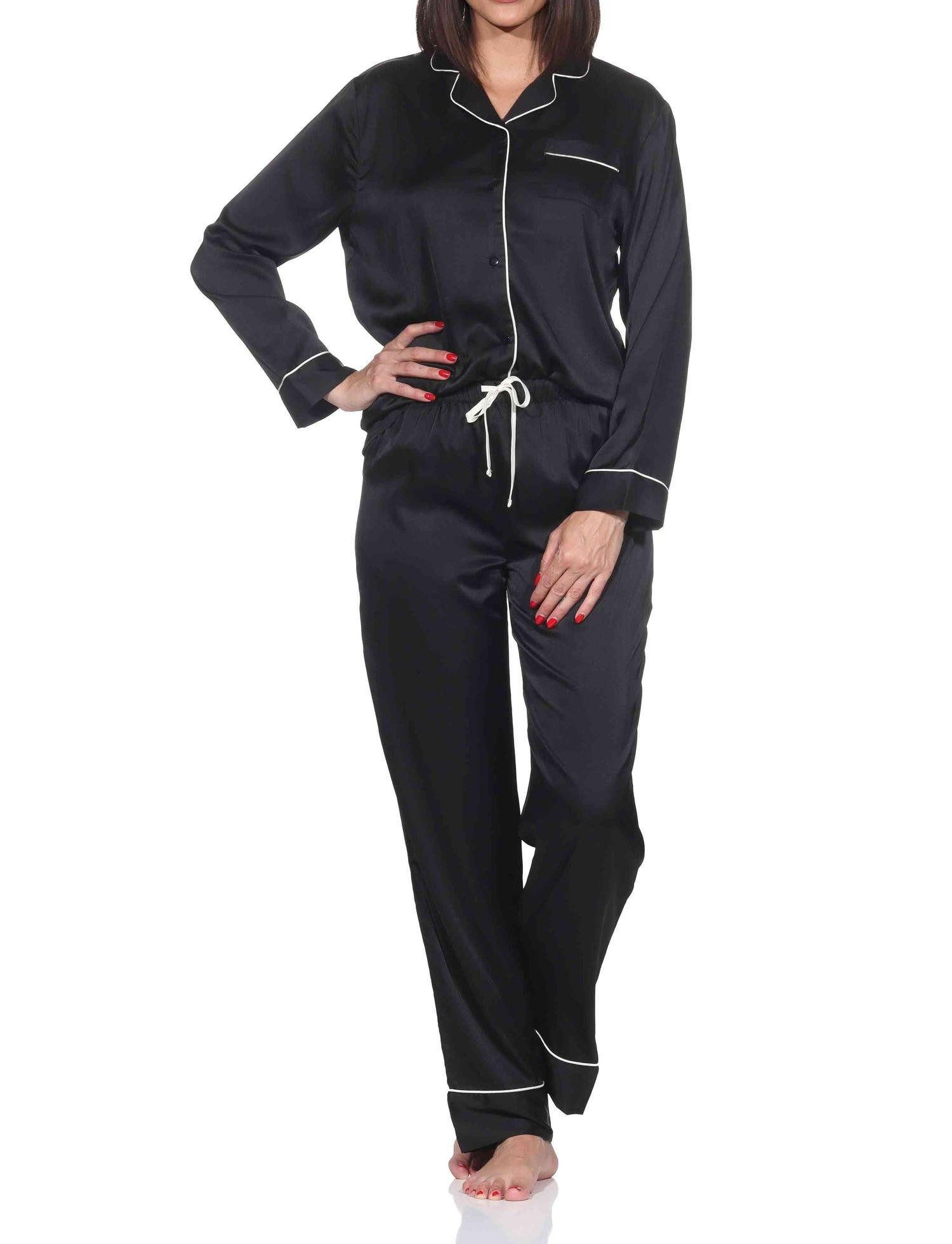 Normann Pyjama Normann Satin Damen Schlafanzug langarm Pyjama mit Knopfleiste – Bild 3 von 4