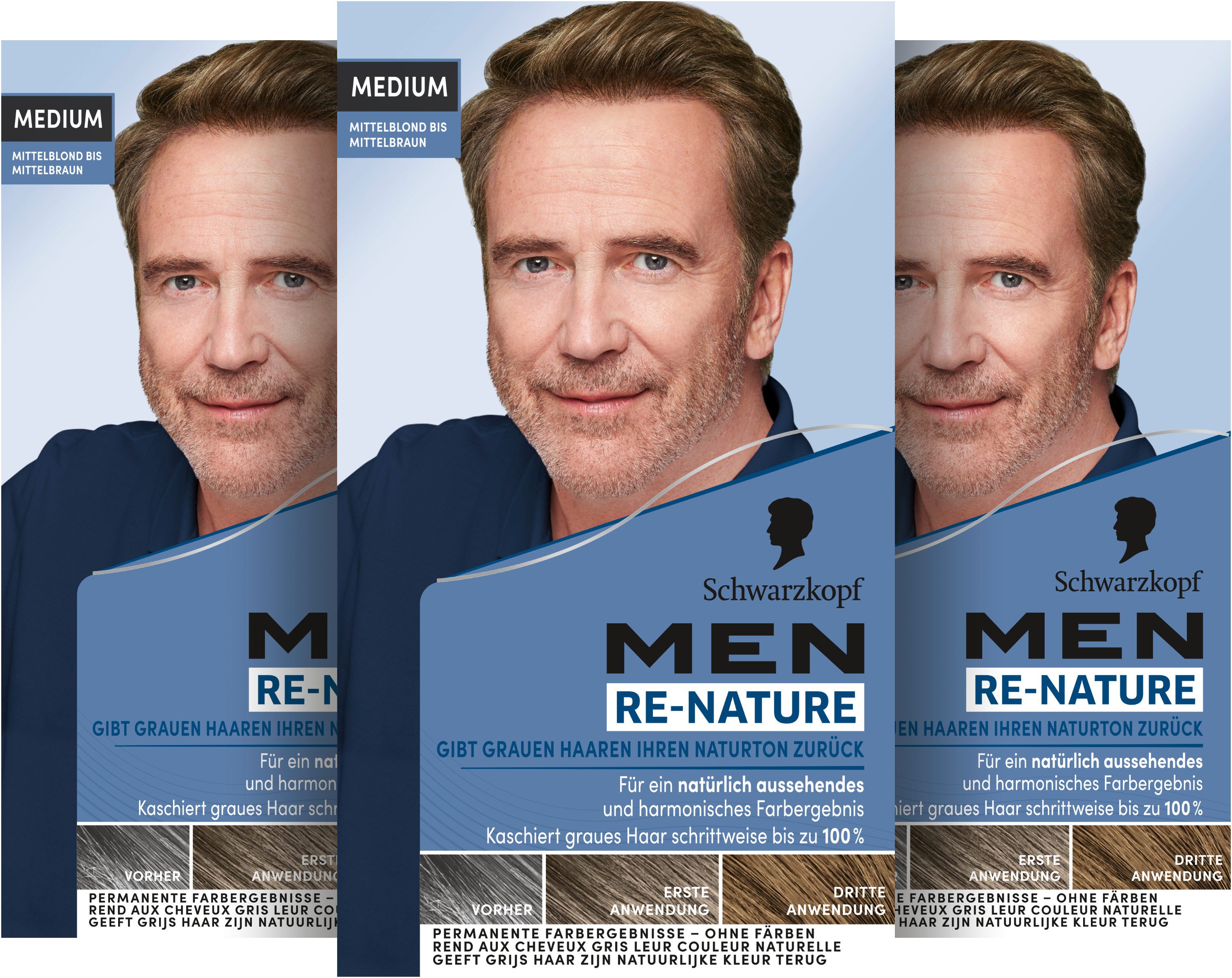 Schwarzkopf Haarfarbe MEN RE-NATURE Naturton Medium Mittelblond bis Mittelbraun 3 x 145ml, Spar-Pack, 3-tlg., Stellt ohne Haare färben die Naturhaarfarbe wieder her