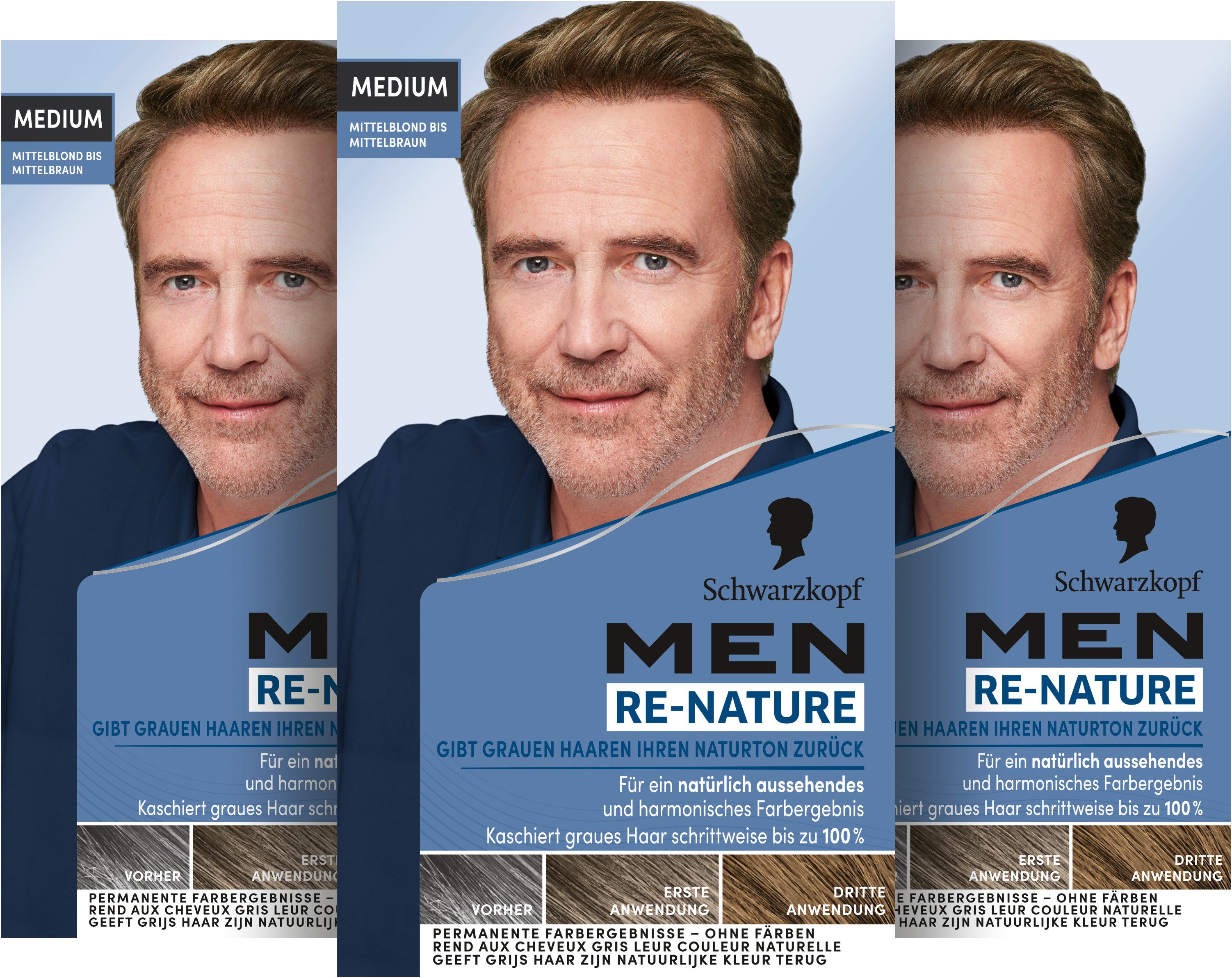 Schwarzkopf Haarfarbe MEN RE-NATURE Naturton Medium Mittelblond bis Mittelbraun, Spar-Pack, 3-tlg., stellt ohne Haare färben die Naturhaarfarbe wieder her, kaschiert schonend graue Haare (3x 145 ml)