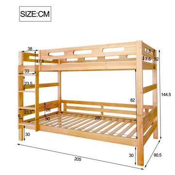 IDEASY Etagenbett Etagenbett, Kinderbett, naturfarben, 90x200 cm, Rahmen aus massivem, Kiefernholz, einfach zu montieren, Höhe 30 mm vom Boden