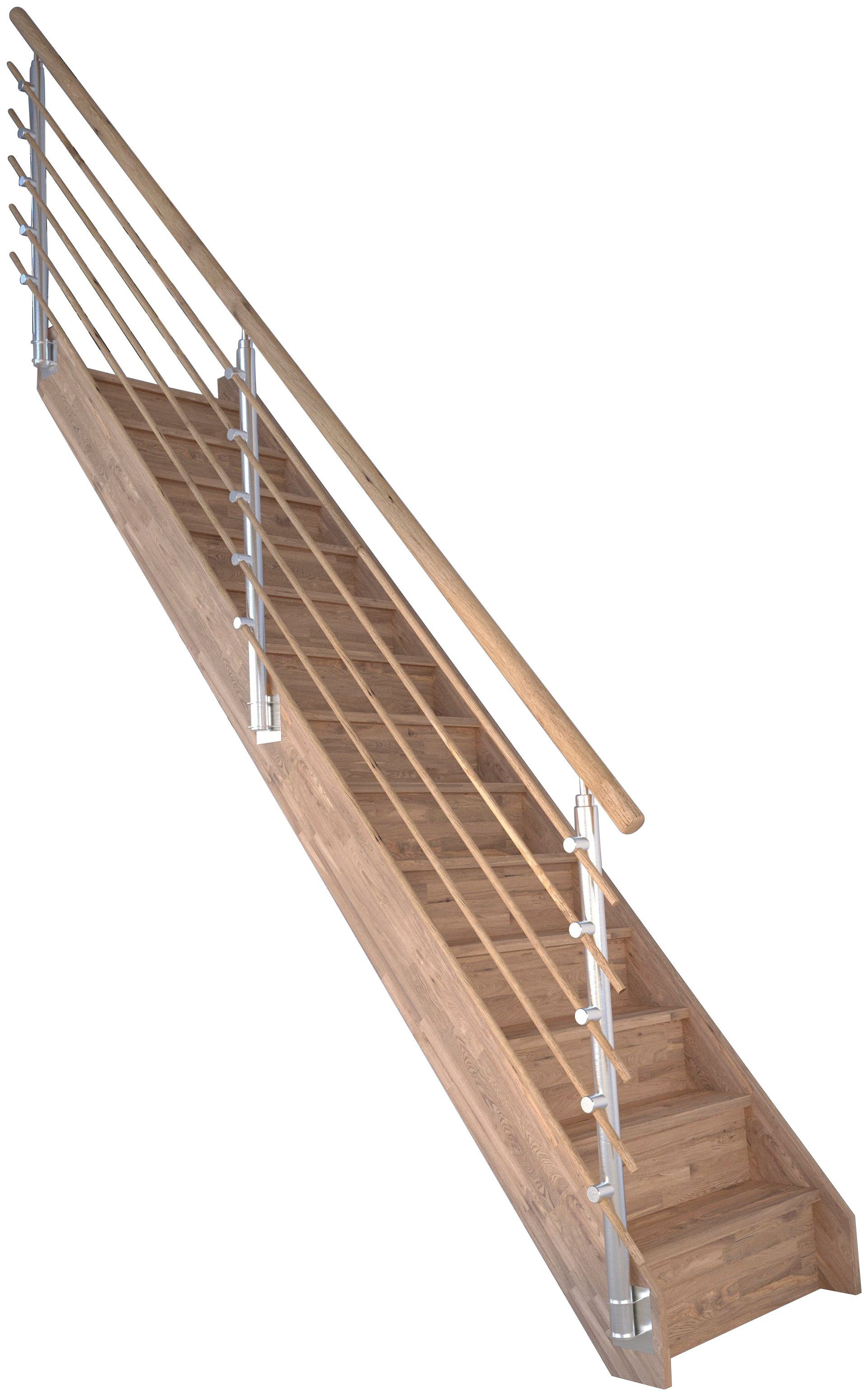 cm, Stufen Design-Geländer für Starwood bis geschlossen, 300 Massivholz Geschosshöhen Raumspartreppe Rhodos, Holzrundstäb, Durchgehende Wangenteile