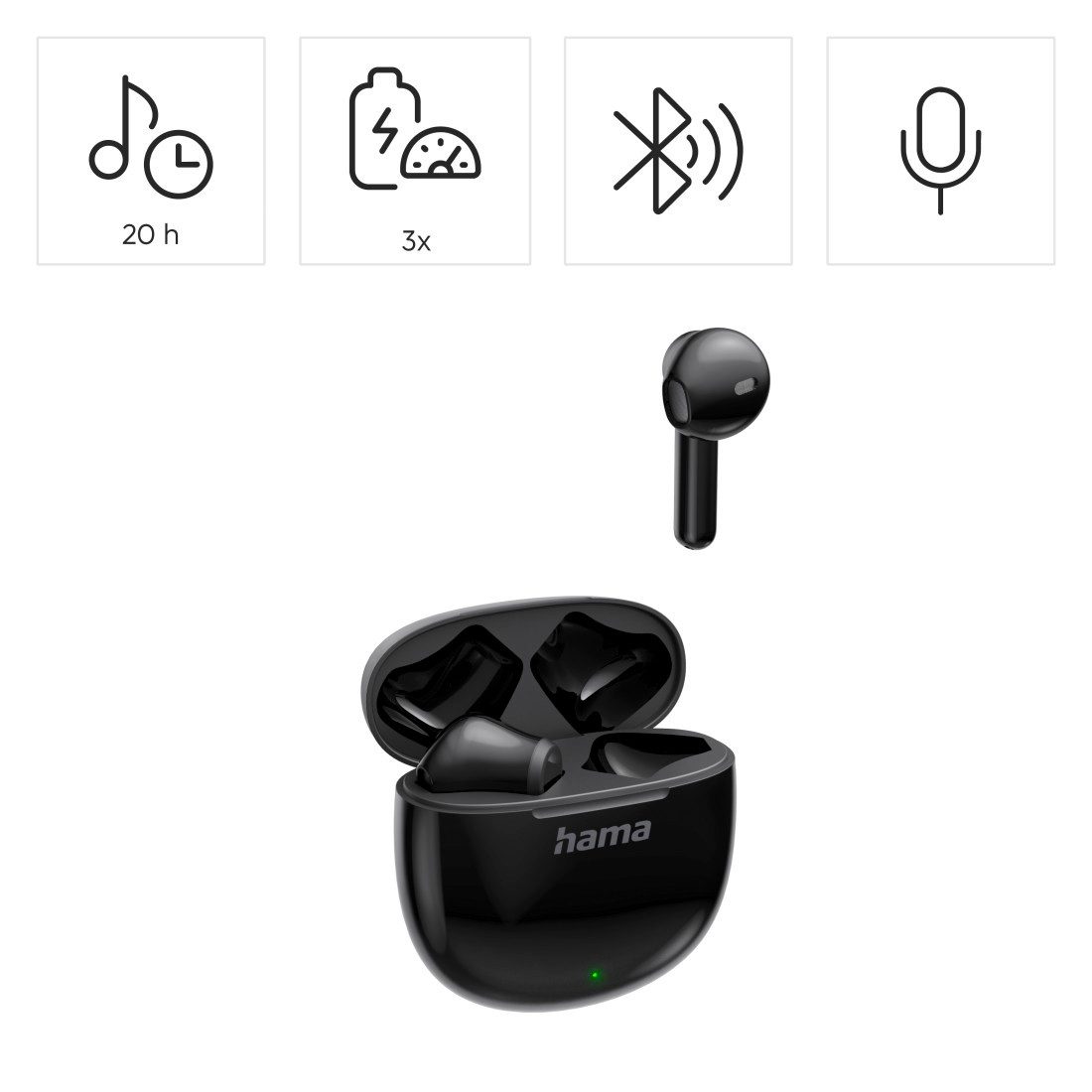 Hama True-Wireless Bluetooth-Kopfhörer Action One Earbuds mit Ladebox Bluetooth-Kopfhörer (Sprachsteuerung, True Wireless, integrierte Steuerung für Anrufe und Musik, Google Assistant, Siri, A2DP Bluetooth, HFP, HSP, AVRCP Bluetooth, Touch-Control, Ladebox, USB-C, Sprachassistent, Autopairing)