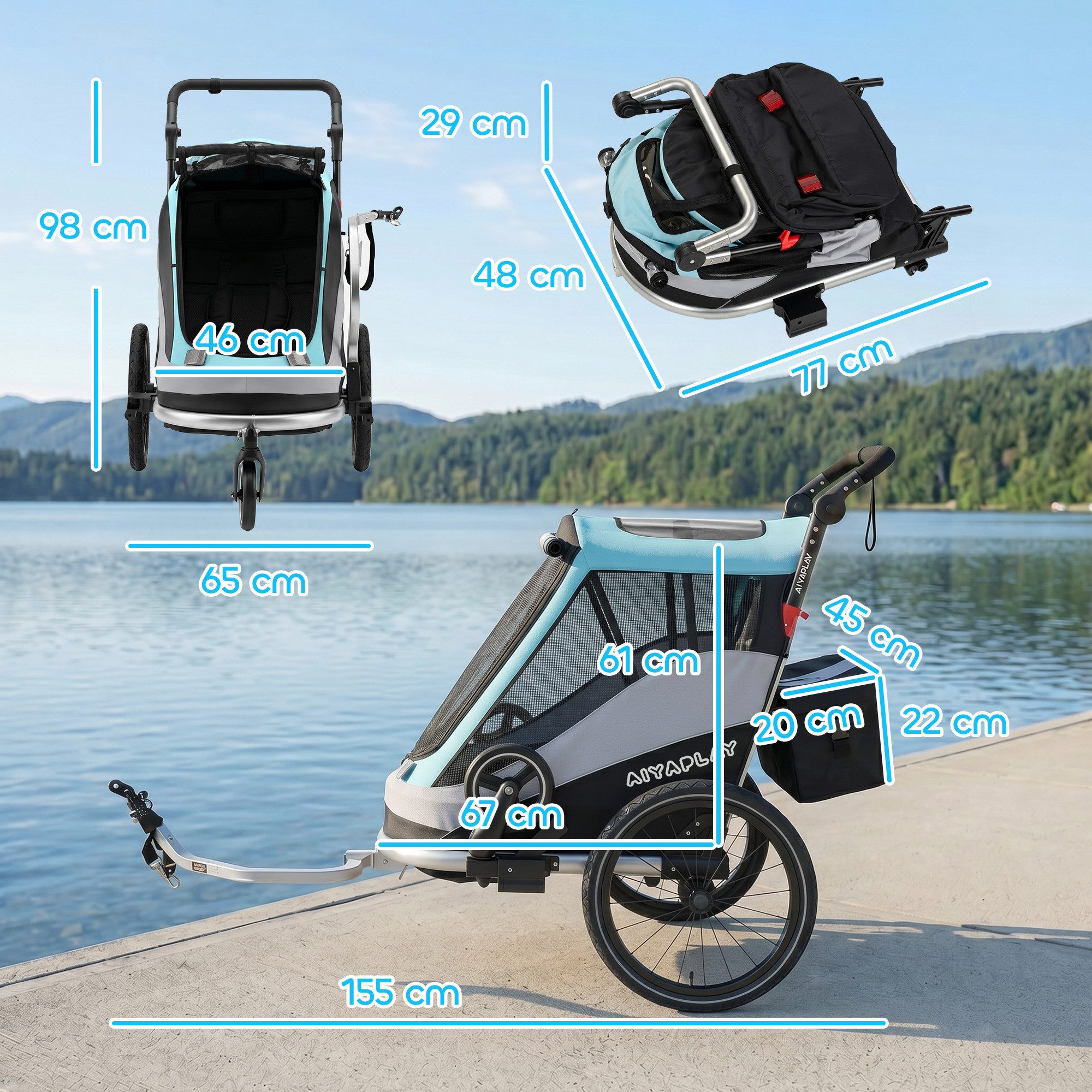 AIYAPLAY Fahrradkinderanhänger mit 5-Punkt Gurt, Reflektoren, 16-Zoll-Luftreifen, für Kinder ab 12 Monaten max. 18kg