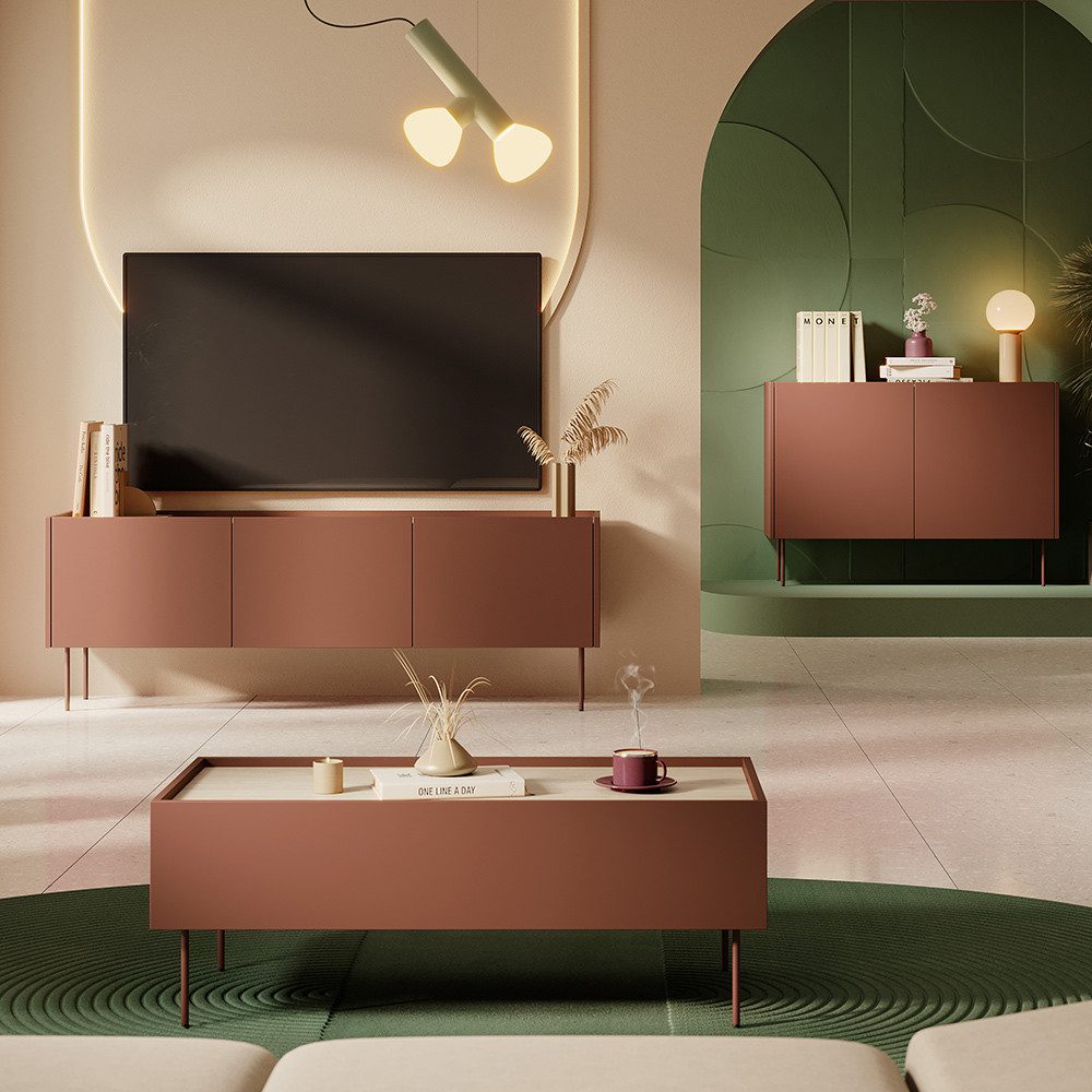 Lomadox Wohnzimmer-Set DELFT-141, (Mega-Spar-Set, 3-St., Couchtisch Lowboard Sideboard), in keramikrot und Eiche mit Metallfüßen, modern, grifflos