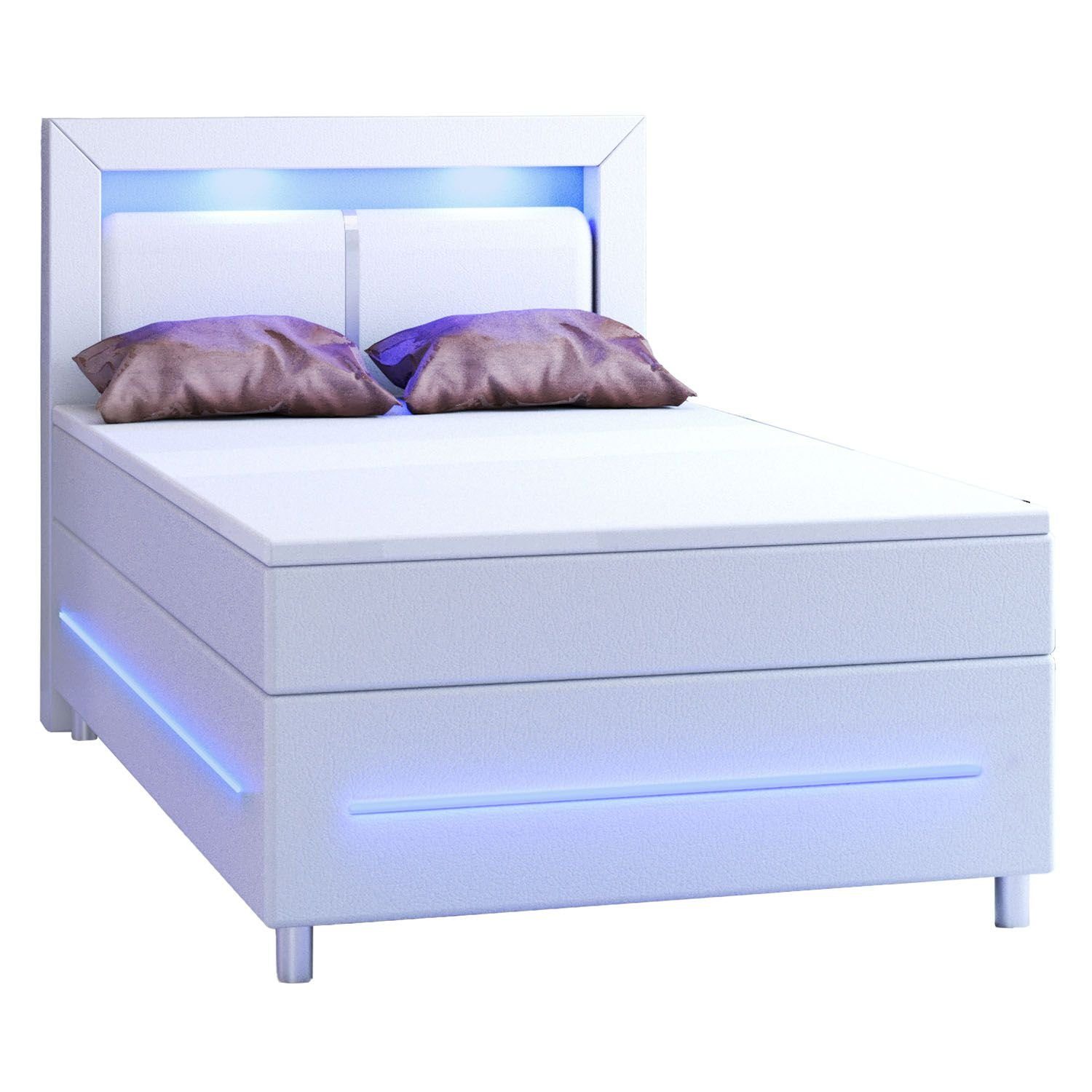 und Bett 200 Kopfteil cm, Norfolk, Topper, LED-Beleuchtung Juskys Federkernmatratze, 120 x weiß mit Boxspringbett
