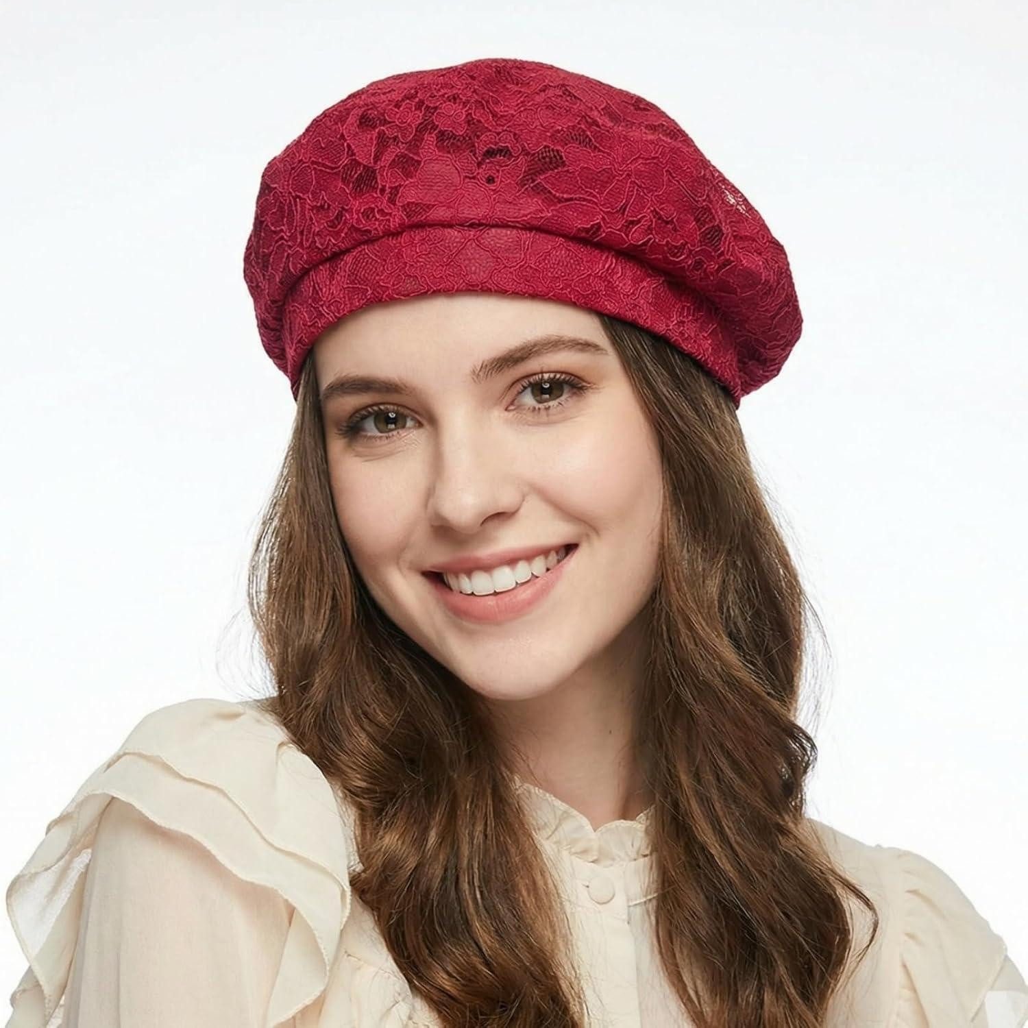 LuxusKollektion Baskenmütze Baskenmütze Damen Beret Spitze Künstlerhut Einheitsgröße Weinrot