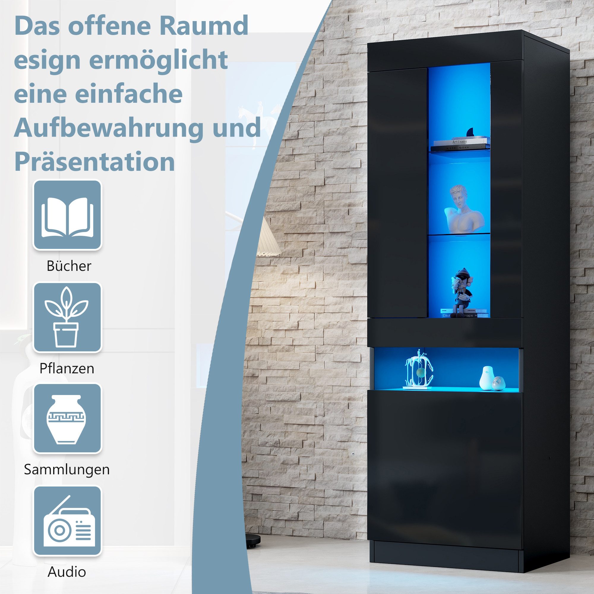 Merax Vitrine Hochglanz Standvitrine Vitrinenschrank mit LED-Beleuchtung (1-St., 50L x 40W x 180H CM) Wohnzimmerschrank mit Glasböden, 2 Türen & offenem Mittelb – Bild 5 von 5
