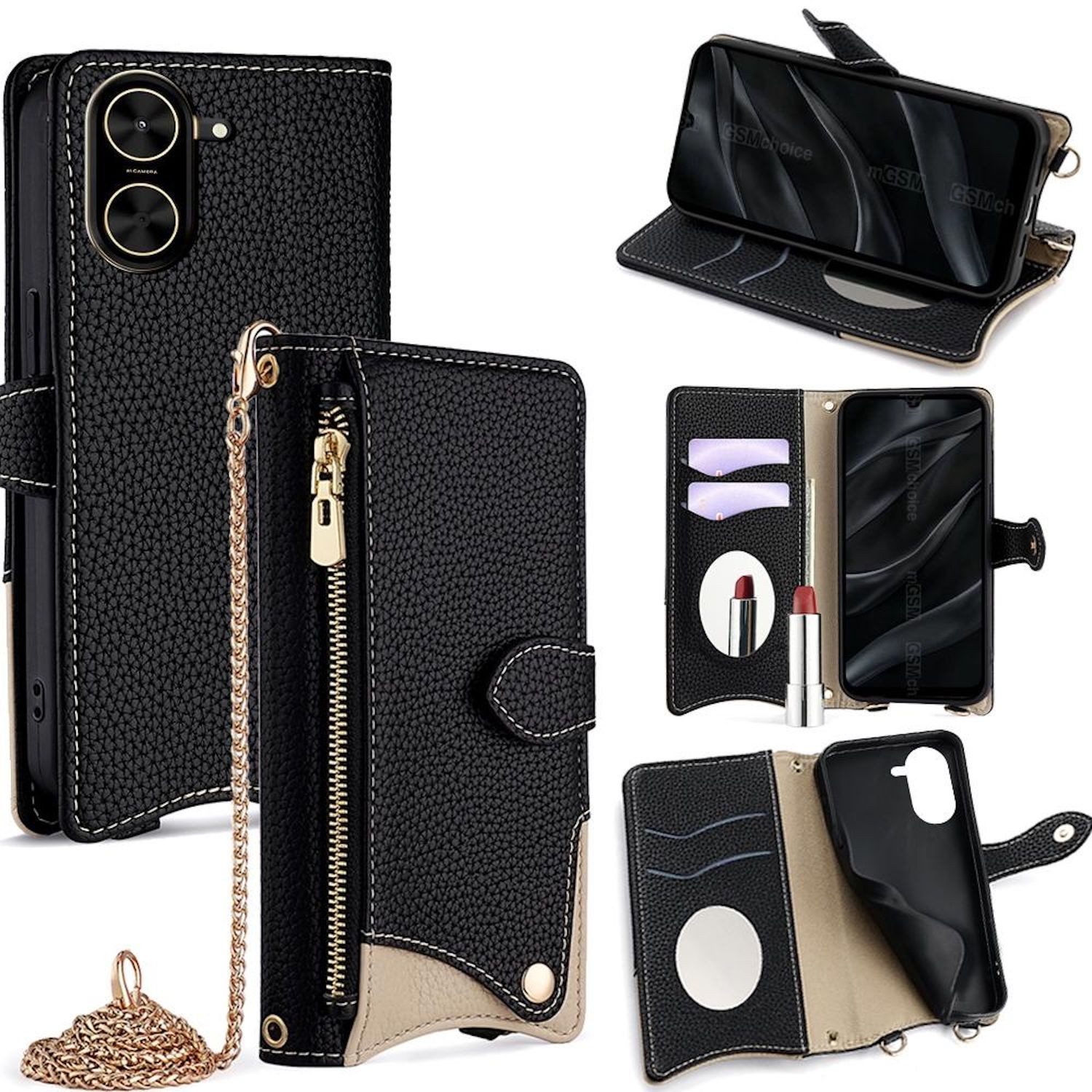 Wigento Handyhülle Für Xiaomi Redmi A5 4G Crossbody Kunstleder Schutz Tasche Schwarz, Wallet Case mit Spiegel, Kartenfächern und Umhängekette