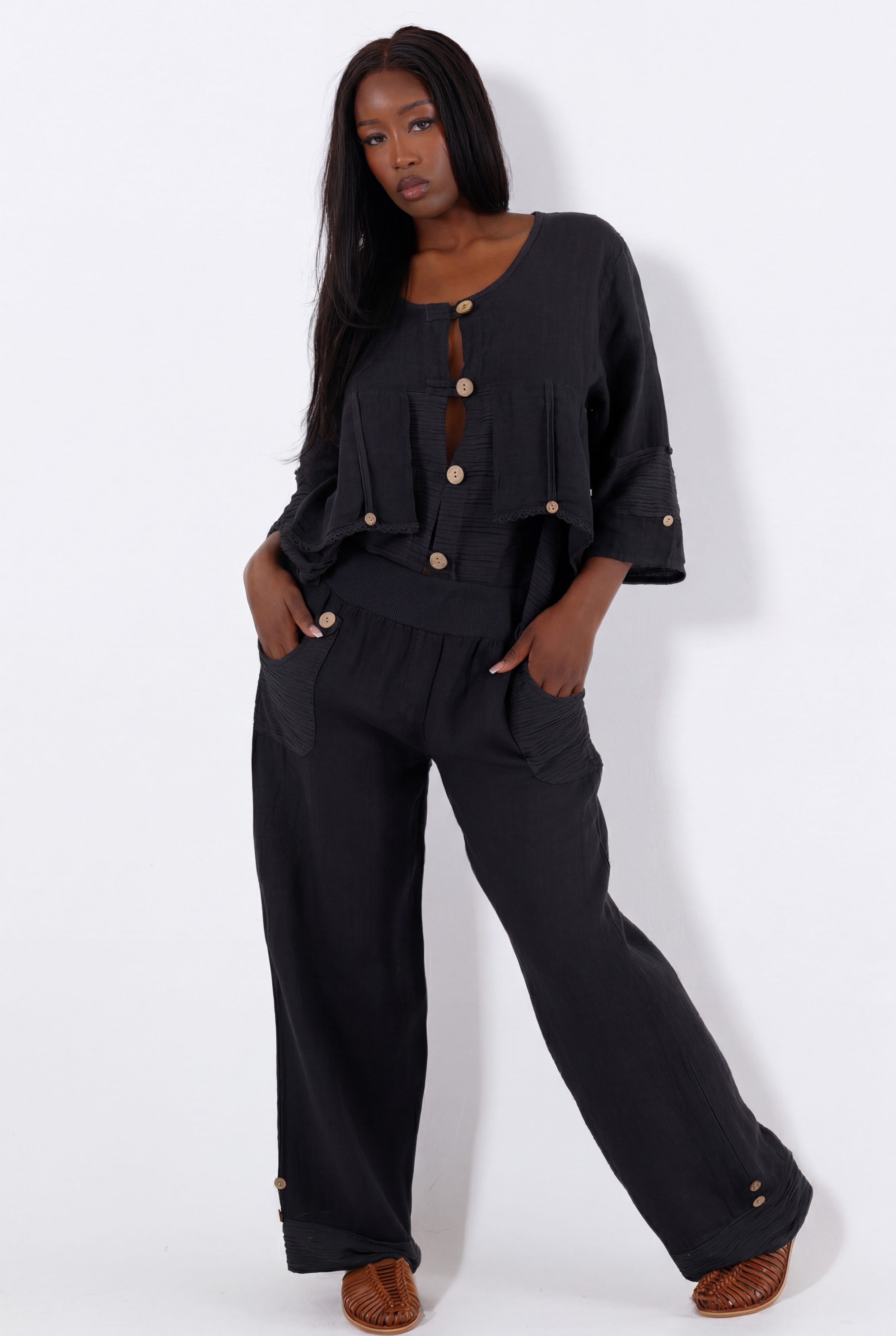 YC Fashion & Style Hosenanzug Boho Leinen-Zweiteiler aus 100 % Leinen mit Knopfdetails 2 teiliges Set