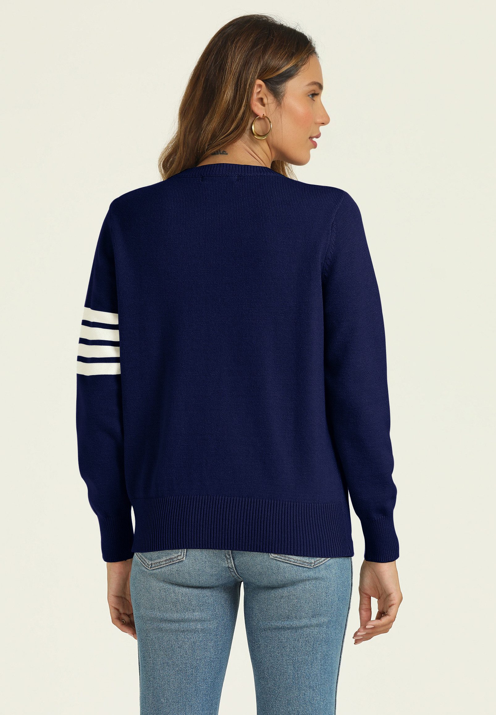FS Collection Strickpullover Damen Pullover aus Wollmischung mit Streifenmuster, Relaxed Fit (UK 8/ EU 36/ US 4, 3 Farben : Olivegrün, Schwarz und Navy) 56 % Viskose, 26 % Polyester, 18 % Wolle