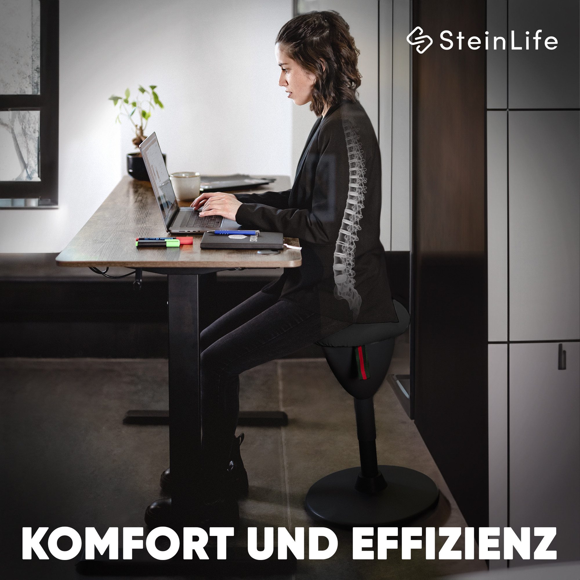 Steinlife Arbeitshocker Ergonomischer Bürohocker [Aktives Sitzen, Gesunde Haltung] (Sitzhocker Höhenverstellbar [48-68cm] Ergonomischer Hocker für Büro [Schwing – Bild 4 von 5
