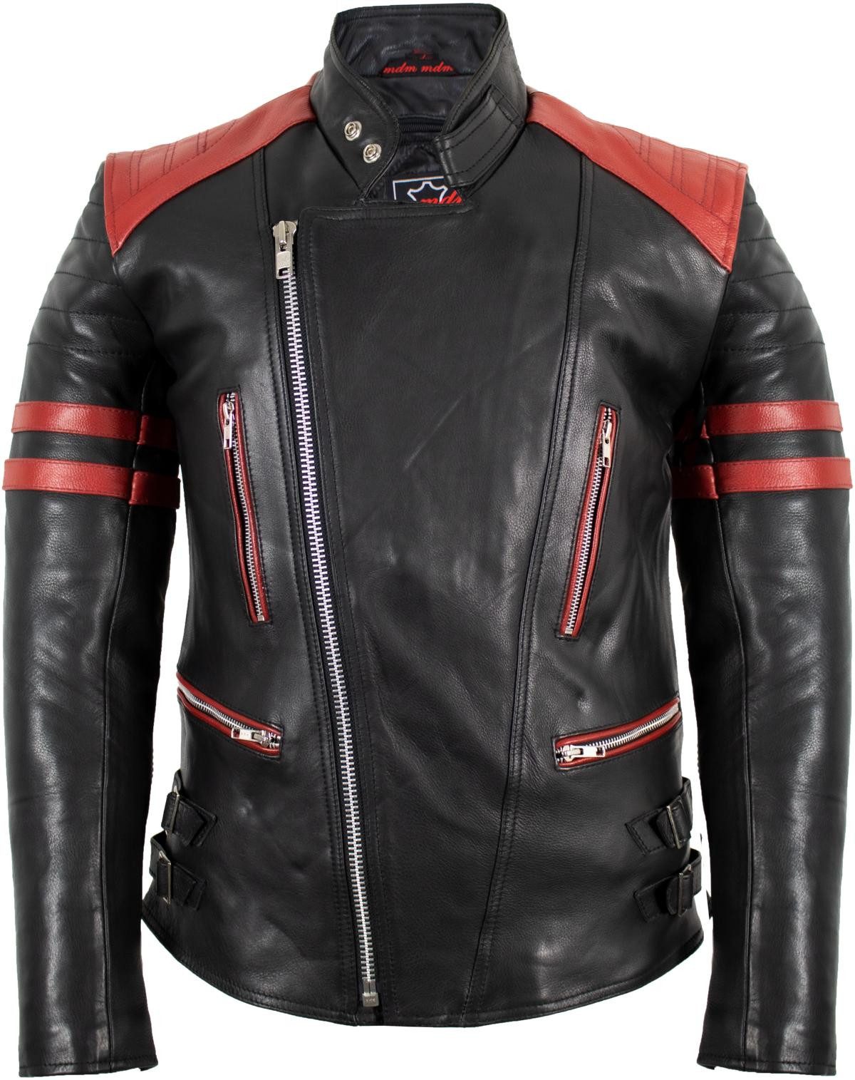 MDM Motorradjacke Herren Motorrad Lederjacke Retro Biker Schwarz Rot (Einzelartikel mit Protektoren, Motorrad Lederjacke Herren, Bikerjacke, Echtleder, Protektoren) mit Protektoren Schulter Ellbogen Rücken