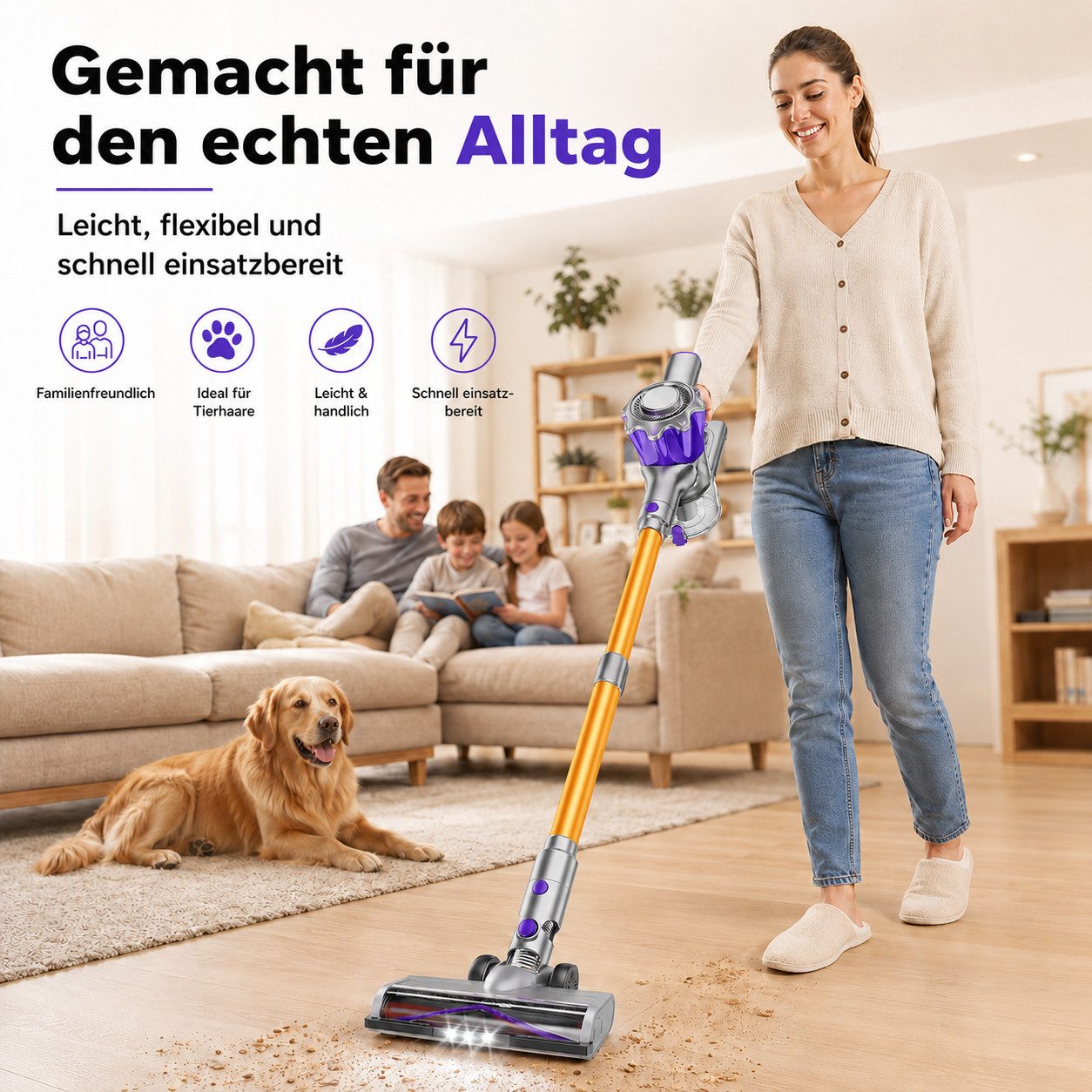 Goldstern-Tech Akku-Hand-und Stielstaubsauger, 450 W, beutellos, bis zu 50 Min Laufzeit, LED-Display, HEPA-Filter