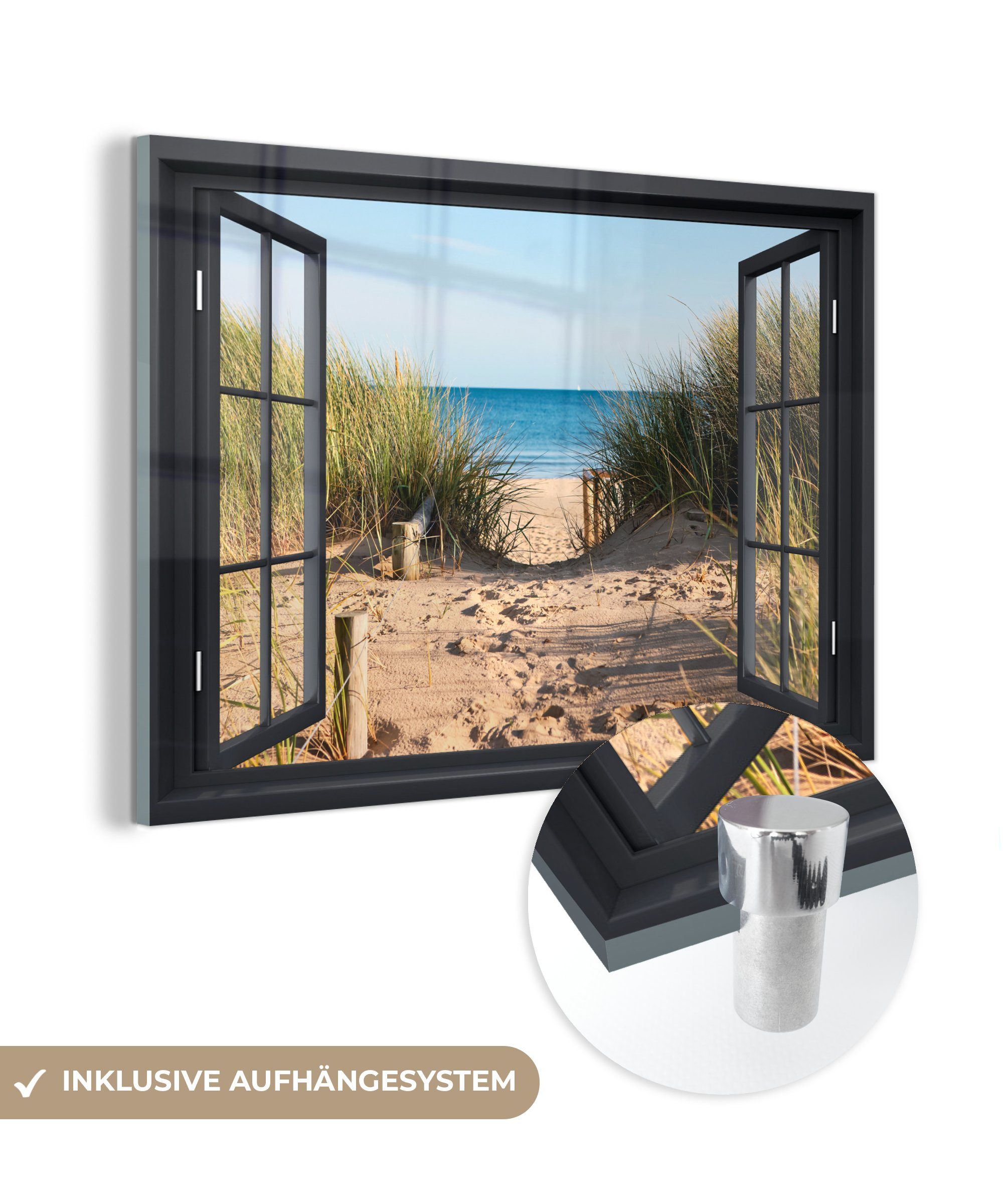 MuchoWow Acrylglasbild Durchblick - Strand - Meer - Sand - Wasser - Strandhafer - Dünen, (1 St), Glasbilder - Bilder auf Glas Wandbild - Foto auf Glas - Wanddekoration
