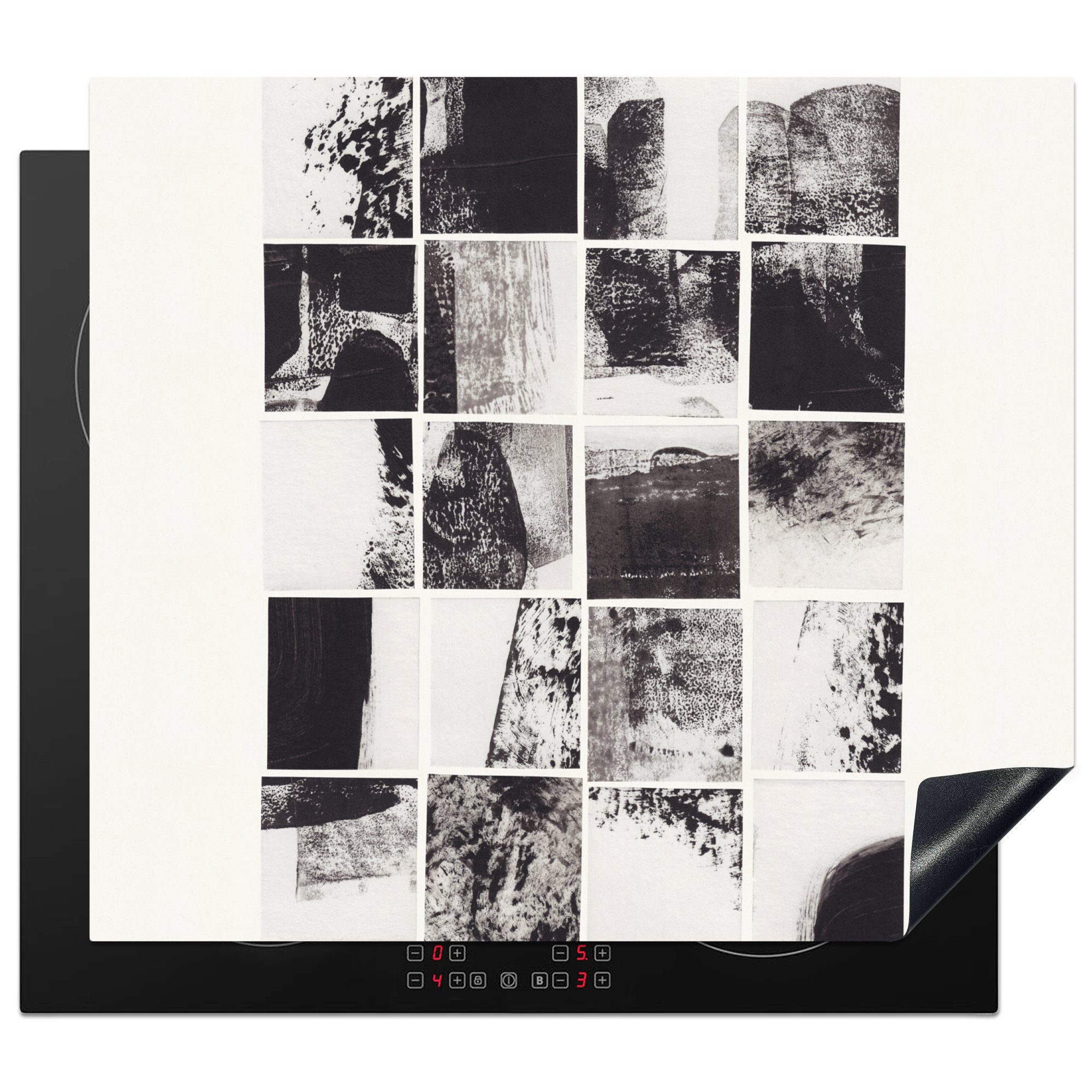 MuchoWow Herdblende-/Abdeckplatte Mosaik - Abstrakt - Schwarz - Weiß, Vinyl, (1 tlg), 60x52 cm, Mobile Arbeitsfläche nutzbar, Ceranfeldabdeckung