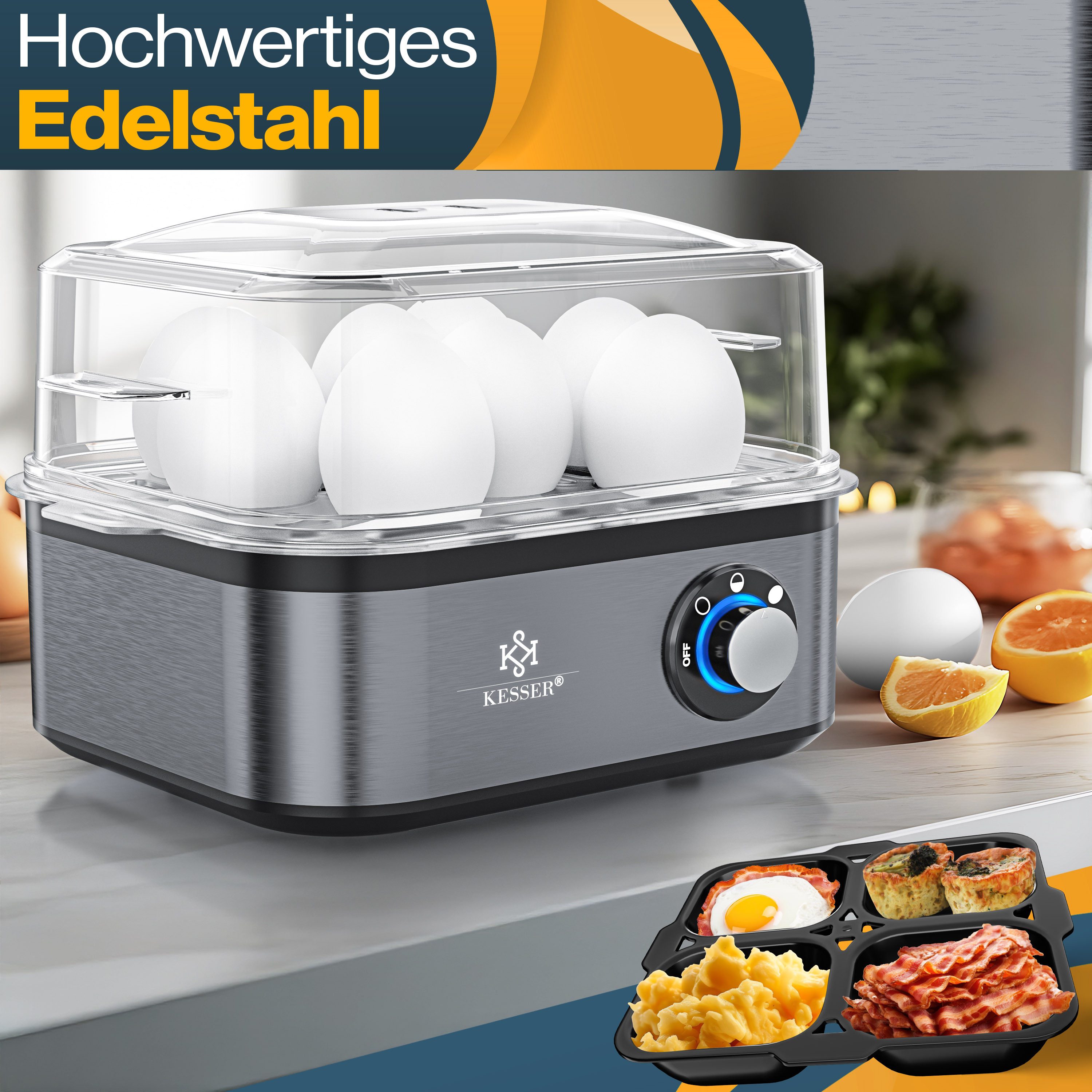 KESSER Eierkocher inkl. Messbecher mit Eipick und Omlettschalen, Bis 8 Eier, 500 W, Warmhaltefunktion, drei Härtegrade