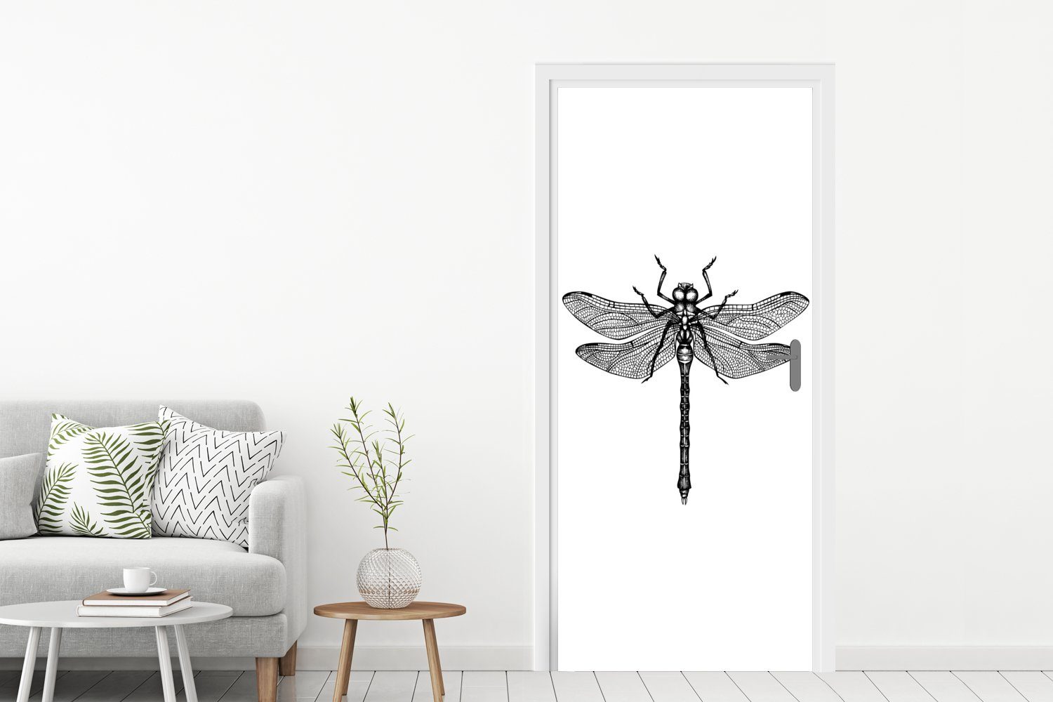 Matt, (1 - St), und Retro bedruckt, Libelle - für MuchoWow Türtapete Türaufkleber, weiß, Insekten - cm Tür, 75x205 Schwarz Fototapete