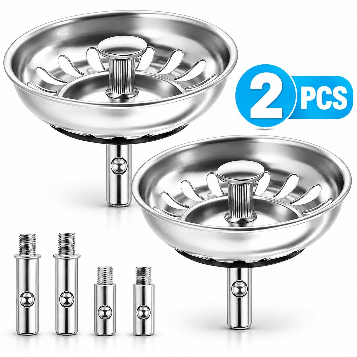 MOPUEA Küchensieb Abflussstopfen Siebkörbchen Edelstahl 80mm Spülbecken, (einfache Reinigung, sicherer Sitz im Siebkorb, 2-St., geeignet als Zubehör für Küchenspülen), Höhenverstellbar Universal Spülbecken Sieb, rostfrei