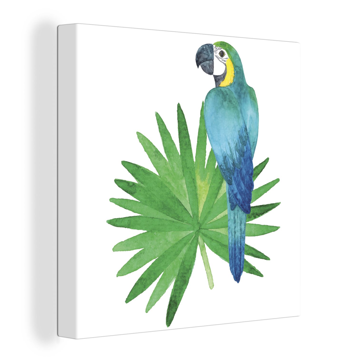 OneMillionCanvasses® Leinwandbild Eine Illustration einem blauen Papageis für auf Leinwand Blatt, Wohnzimmer eines Schlafzimmer St), (1 Bilder