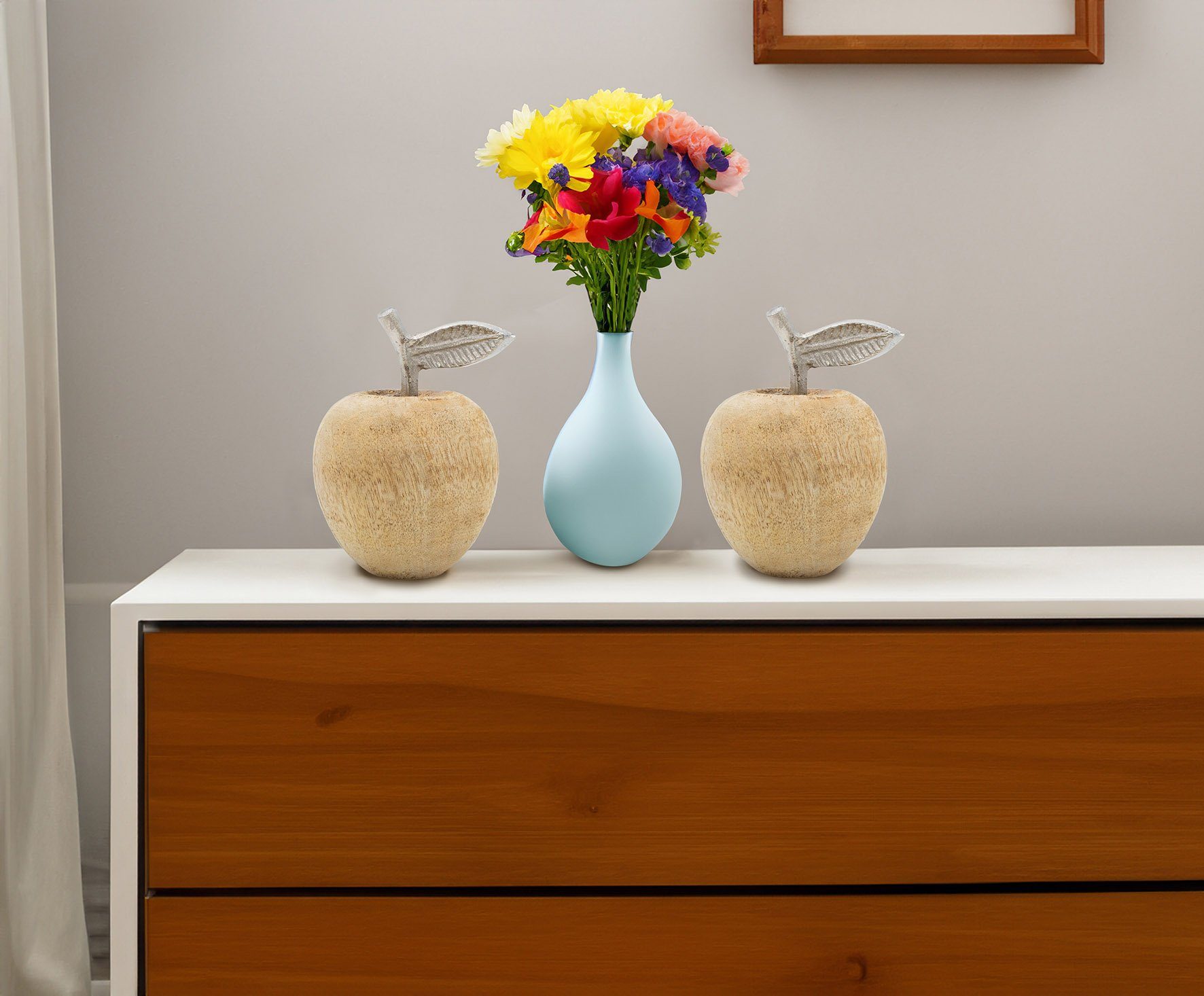 1 15 Tischdekoration aus (Packung, Alu Deko Dekoobjekt Holz Stiel Mangoholz cm Frucht Figuren Spetebo tlg), Apfel mit zur
