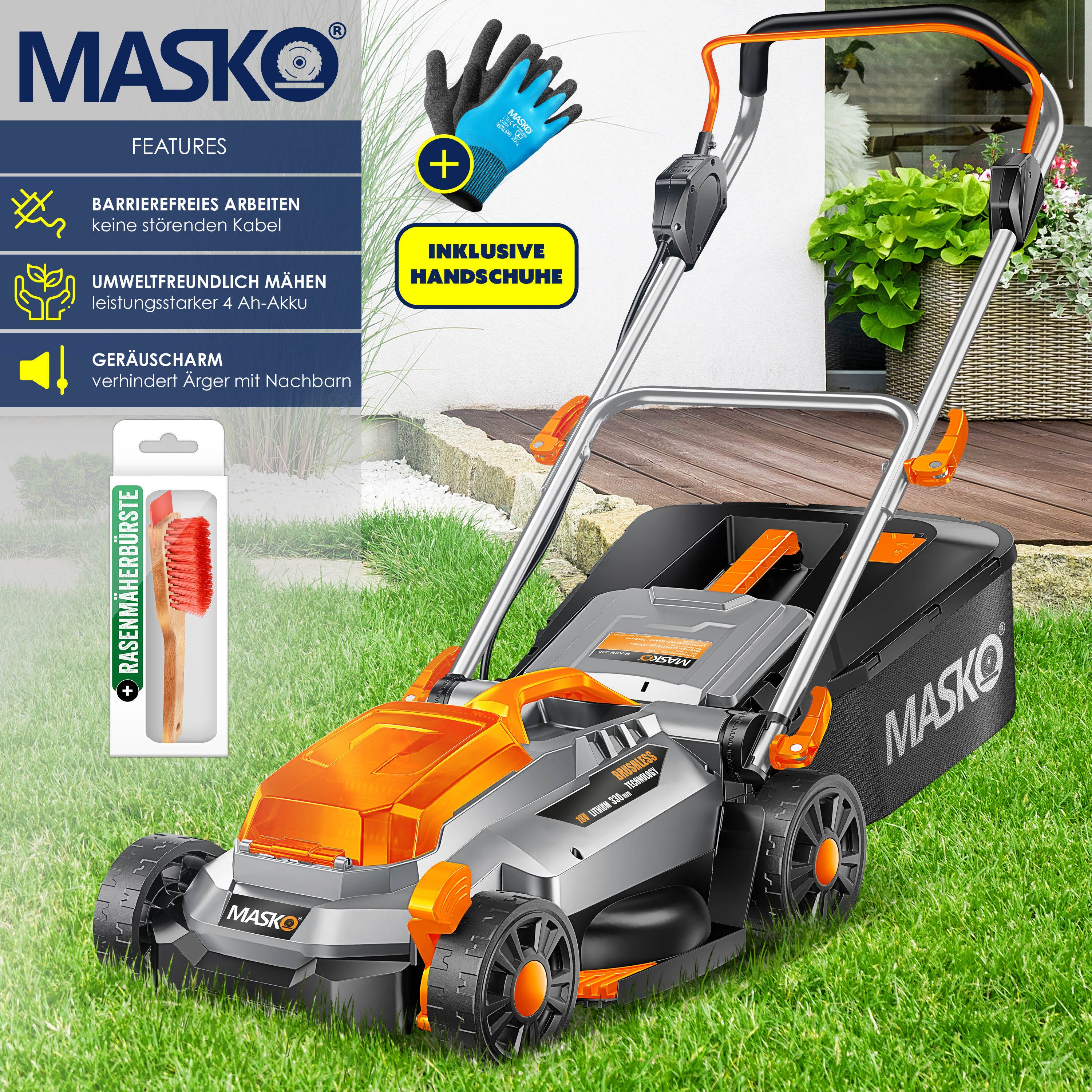 MASKO Akkurasenmäher ECO-X10 mit 33cm Schnittbreite, 30L Fangkorb, 4,0Ah Akku & Ladegerät, mit Mulchfunktion, 6 Schnitthöhen einstellbar & verstellbare Griffhöhe