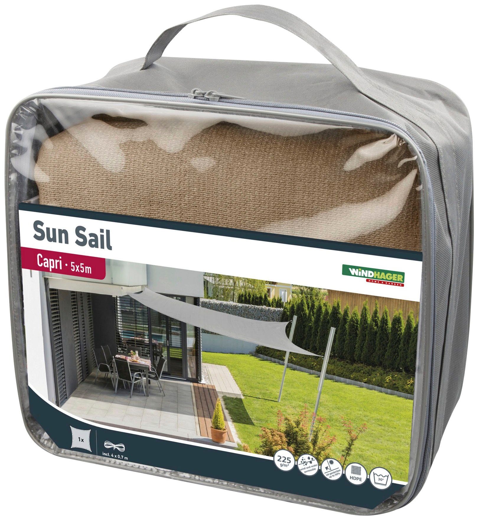 Windhager Capri Square Sun Shade Sail, 5x5m, reed