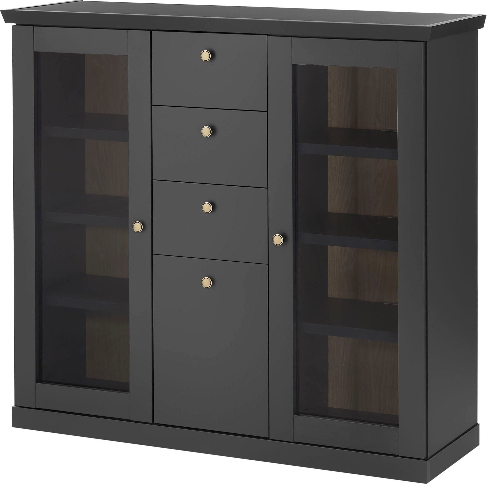 Home affaire Highboard Lincoln, moderner Schrank, schwarzer Stauraumschrank, 129 cm breit, edles Design, messingfarbene Knopfgriffe, vielseitig einsetzbar