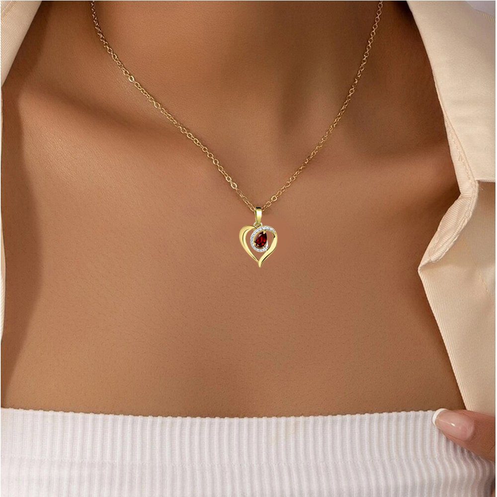 Limana Herzkette echter Granat rot 925 Silber Damenkette gold Kette vergoldet Edelstein (mit Geschenkdose und Tasche Frauenkette Herz Anhänger), Liebe Geschenk Schmuck für Frauen Sie Damen Freundin Mutter Oma